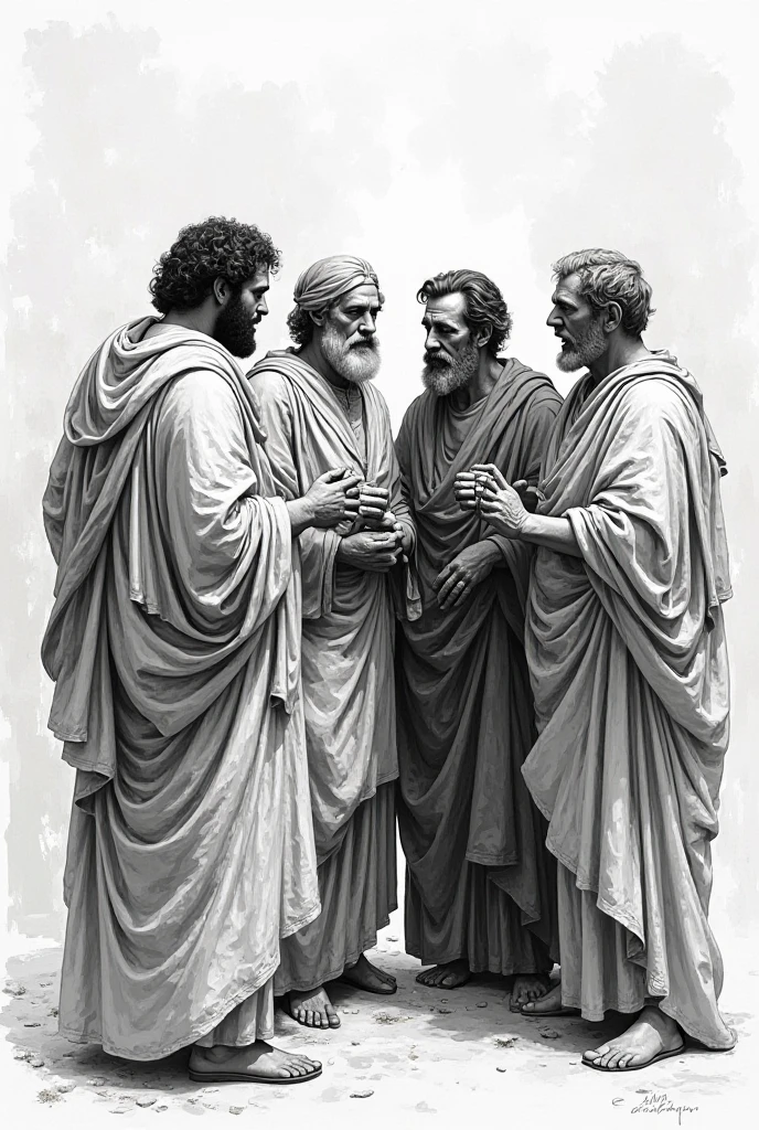 I want a sculpture of stoic philosophers with a black and white background. The picture should focus on the philosphers holding money or in a meeting and showing wealth. It should be a full-body sculpture with walls or buildings in the back ground. Hyper realistic