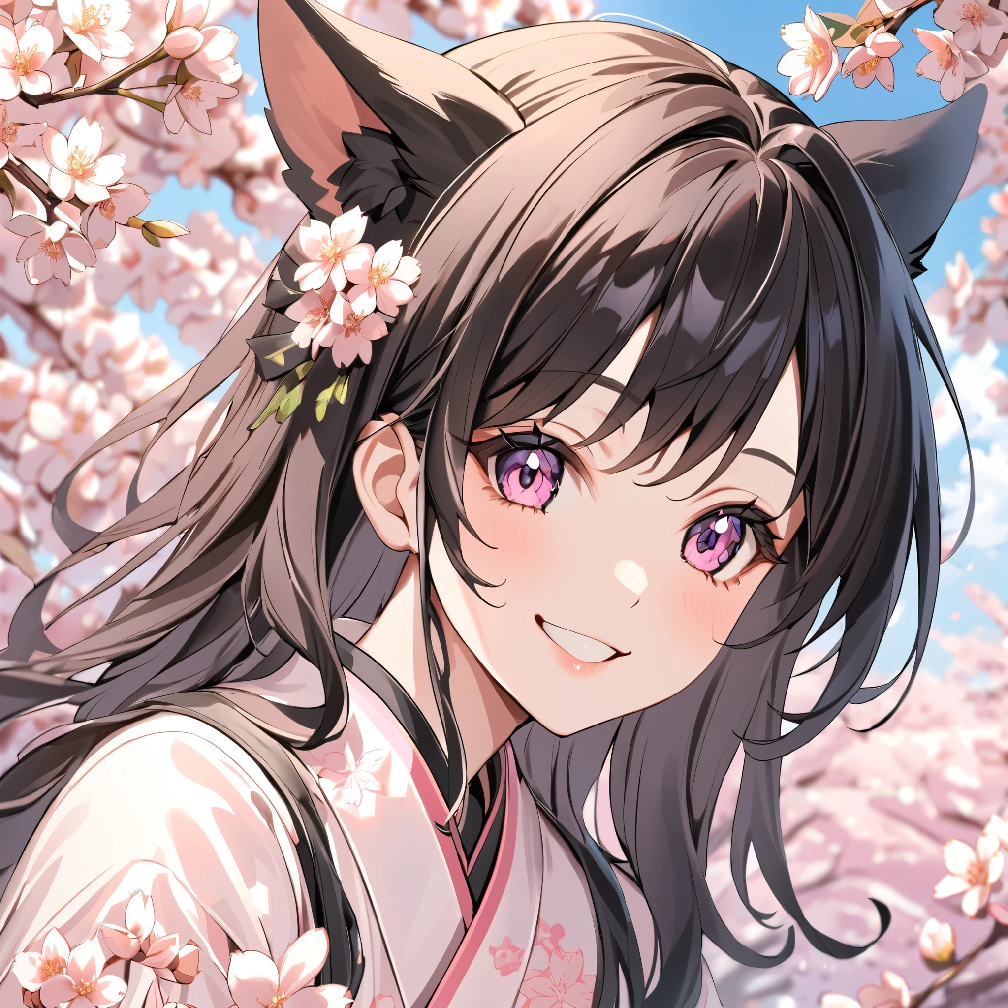 Age 19,smile, Girl with dog ears , Dark dark haired, black ear,spring,cherry blossoms
