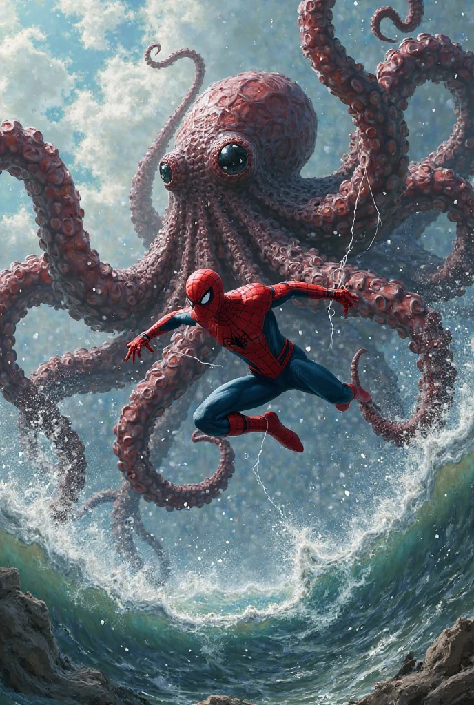 Make an image of spider man escaping in a portal with a blue mechanism against a creature in the universe of chulthuluh disgusting octopus photo detail