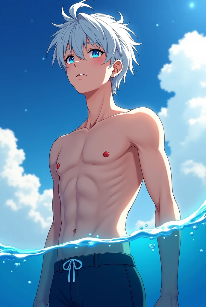very thin boy11 years old without a shirt, Without clothing, thin, Blue eyes, white hair with red tips, wet body in white swimming trunks, straightens his hair embarrassedly, blush on the face,