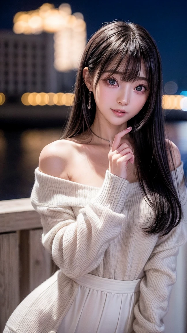 pureerosface_v1, best quality, photorealistic, 8k, high res, full color, 1girl, woman, 20 years old woman, (closed mouth:1.435), (skindentation), (portrait:0.6), ((cityscape background:1.52)), full color, ((highnecksweater:1.68)), straight-looking at viewer:1.8, (1girl eyes looking at viewer:1.55), (medium-length hair, blackhair, partedbangs:1.45), (bokeh), <lora:CBAV-MOII:0.65>