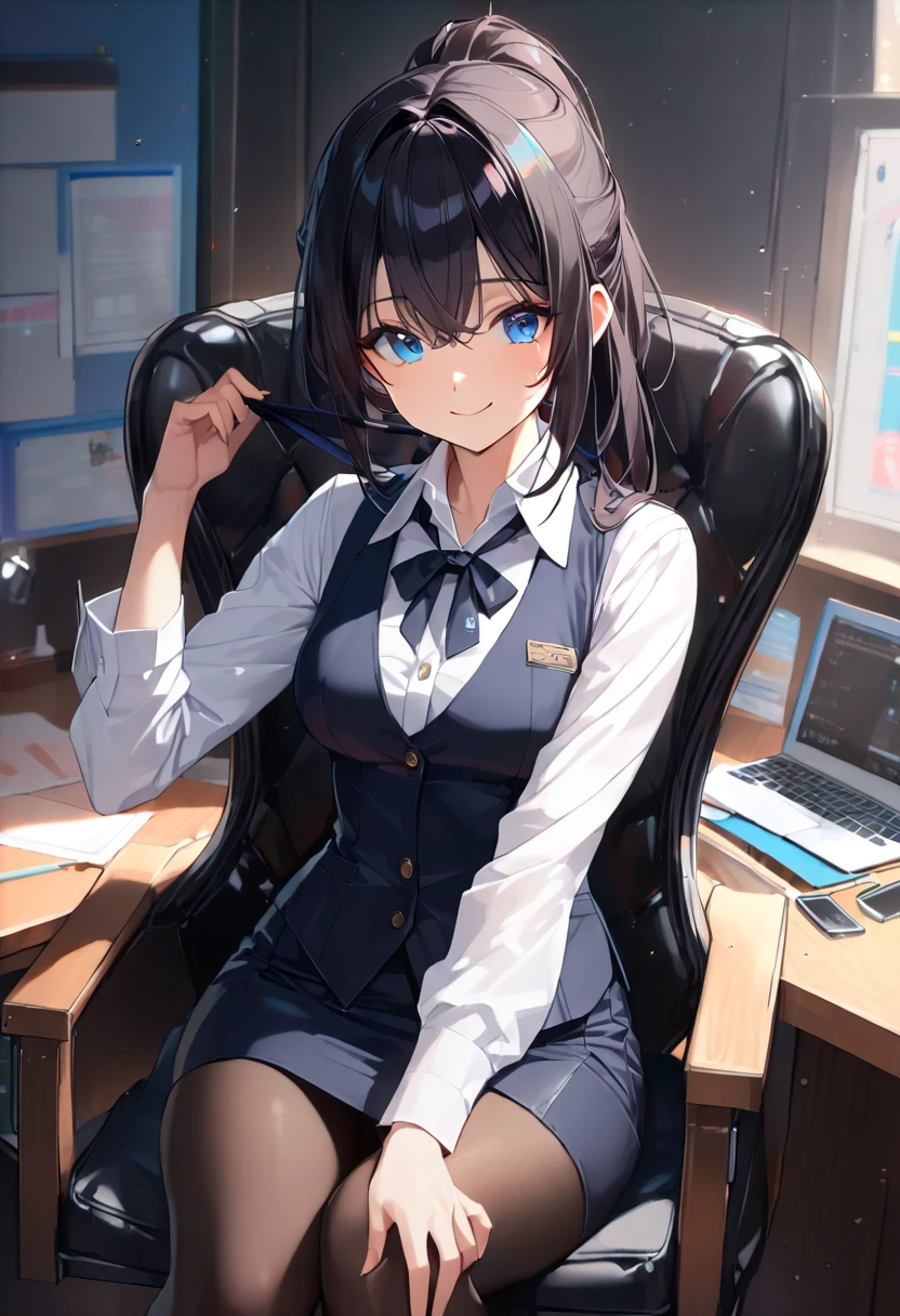 8k,highest quality,masterpiece,1girl ,Yukina Himeragi ,Yukina Himeragi strike the blood,black hair,short hair,brown ruby eyes,ponytail, medium chest, OL, Black Abyss glasses, end, black suit jacket, collared jacket, white dress shirt, collared shirt, neckline, button, strap, ID card on neck, black pencil skirt, black pantyhose, stiletto heels,smile, blush, looking at the viewer, fascinating, office,sitting in a chair,(masterpiece:1.2), highest quality, High resolution, unity 8k wallpaper, (shape:0.8), (beautiful and detailed eyes:1.6), highly detailed face, perfect lighting, Very detailed CG, (perfect hands, perfect anatomy),