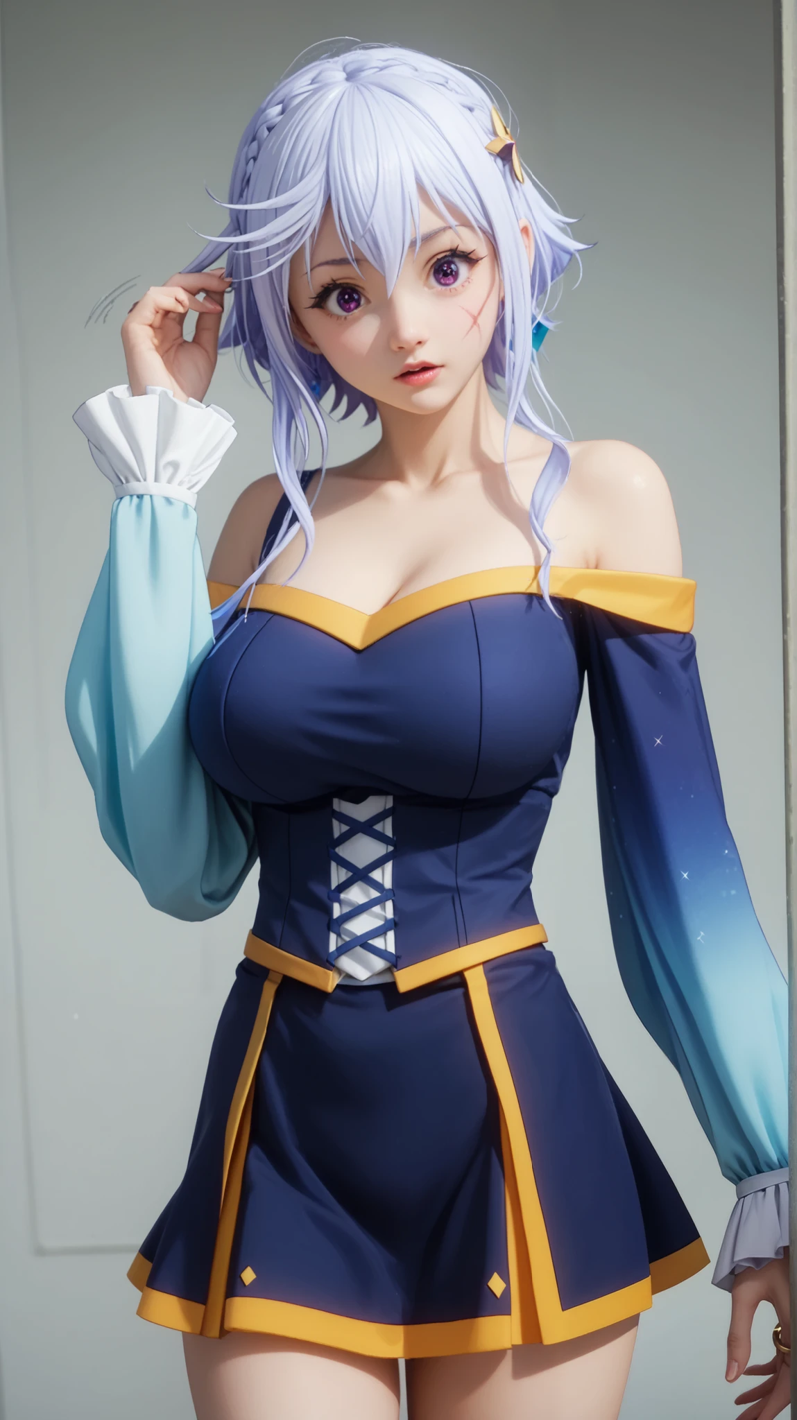 Score 9, Score 8, Score 7. Chris from KonoSuba, Konsubáeris, Eris, short white hair, vibrant purple eyes, signature scar. Aqua cosplay, a small blue dress, short skirt, with gold details, loose sleeves, a large blue bow on her chest, and a flared skirt with white and gold trim. Her hair remains short and white, designed to mimic Aqua's look. She strikes a dynamic pose, slightly turning her torso while looking behind her with a surprised and nervous expression. The camera angle is slightly low, emphasizing her posture. The background is either clean white or a soft fantasy glow. High quality anime style, cel-shading, soft vibrant lighting --ar 16:9 --v 6 --style raw --q 2 --stylize 250, Masterpiece, best quality, alone, looking at viewer, hands on hips, rings in hair, blue shirt, bow, loose sleeves, short skirt, miniskirt, thighs, bare shoulders, huge breasts.