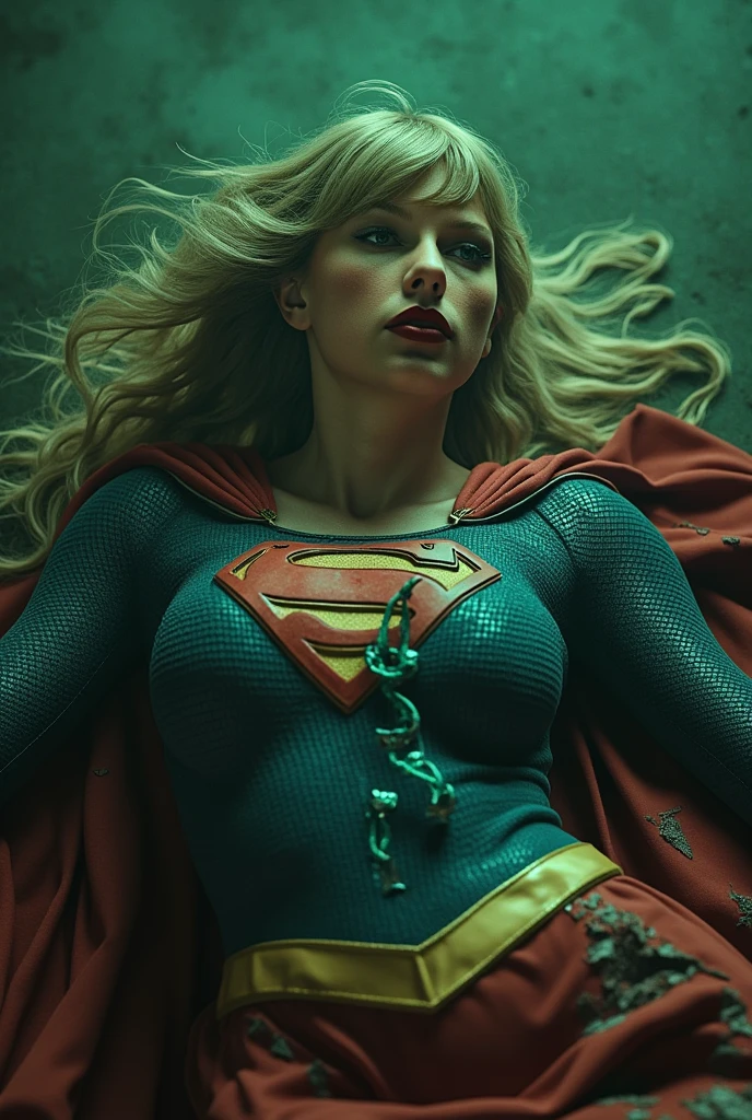 Epic realistic image depicting 1996 blonde beauty Supergirl with shoulder-length blonde hair wearing her iconic costume with red 'S' on a yellow diamond and blue skirt. Large breasts, full figure, perfect female figure. Supergirl lies on the ground, moaning in pain, as villains place pieces of glowing green kryptonite, the only substance which can hurt her, around her. She writhes helplessly in agony as one villain places a chunk of kryptonite on her body! Show the villains' hands and cruel mocking laughter as Supergirl's body bucks and heaves before them.