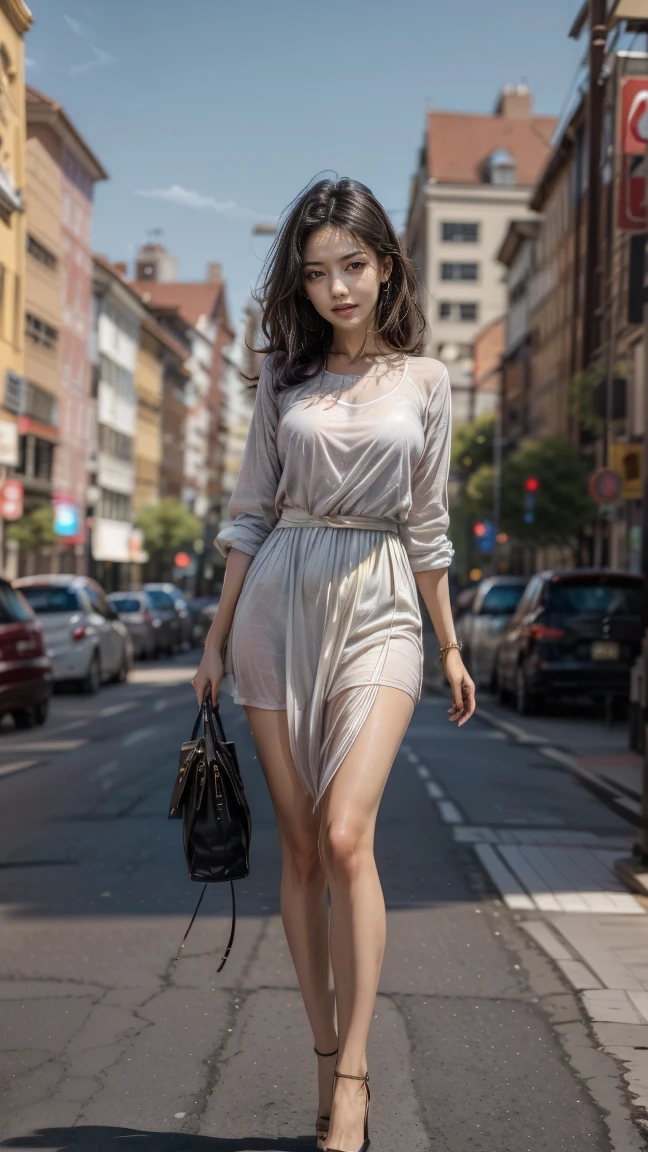 (Woman walking the streets of New York),realistic, High resolution, soft light,1 female, alone,(off shoulder white dress,flare skirt) hip up, (detailed face), jewelry, street wear, Eyes that invite the viewer, Spouse'perspective, attractive appearance, sexy smile, perfect style, perfect balance, fine skin, naughty look, I can see your breasts、((Skirt soars in the wind)),((lift the skirt))、、((I can see her white thong panties))