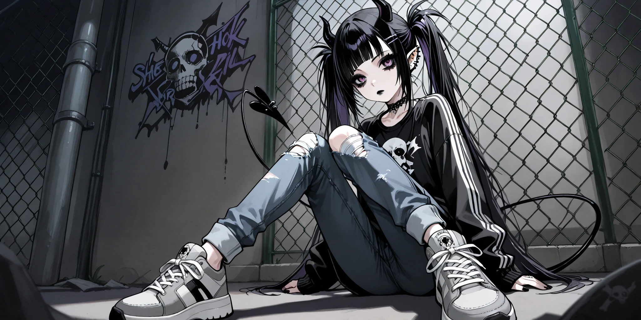 skinny tired girl is belong to emo/goth subculture. girl has black scene hairstyle with white highlighted strands : long emo bangs that hide half of her face, long hair gathered in two black high messy spiky long pigtails. She has a lot of hairpins and hair clips on her bangs. Her eyes are purple. She has black Gothic makeup: black lipstick,black eyeliner and leaking mascara, black eye shadow. She has a lot of piercings and tattoos. She is dressed in a gray torn brand T-shirt with a skull print or metallica band, a bomber sport-jacket, oversized jeans with ripped holes on her knees, and gray sneakers. Her palms is bandaged. on her forehead two obsidian black devil horns,behind her back devilish pointy tail. she is sitting in an alley where the walls are covered with graffiti and the passage is twisted by a chain-link fence.