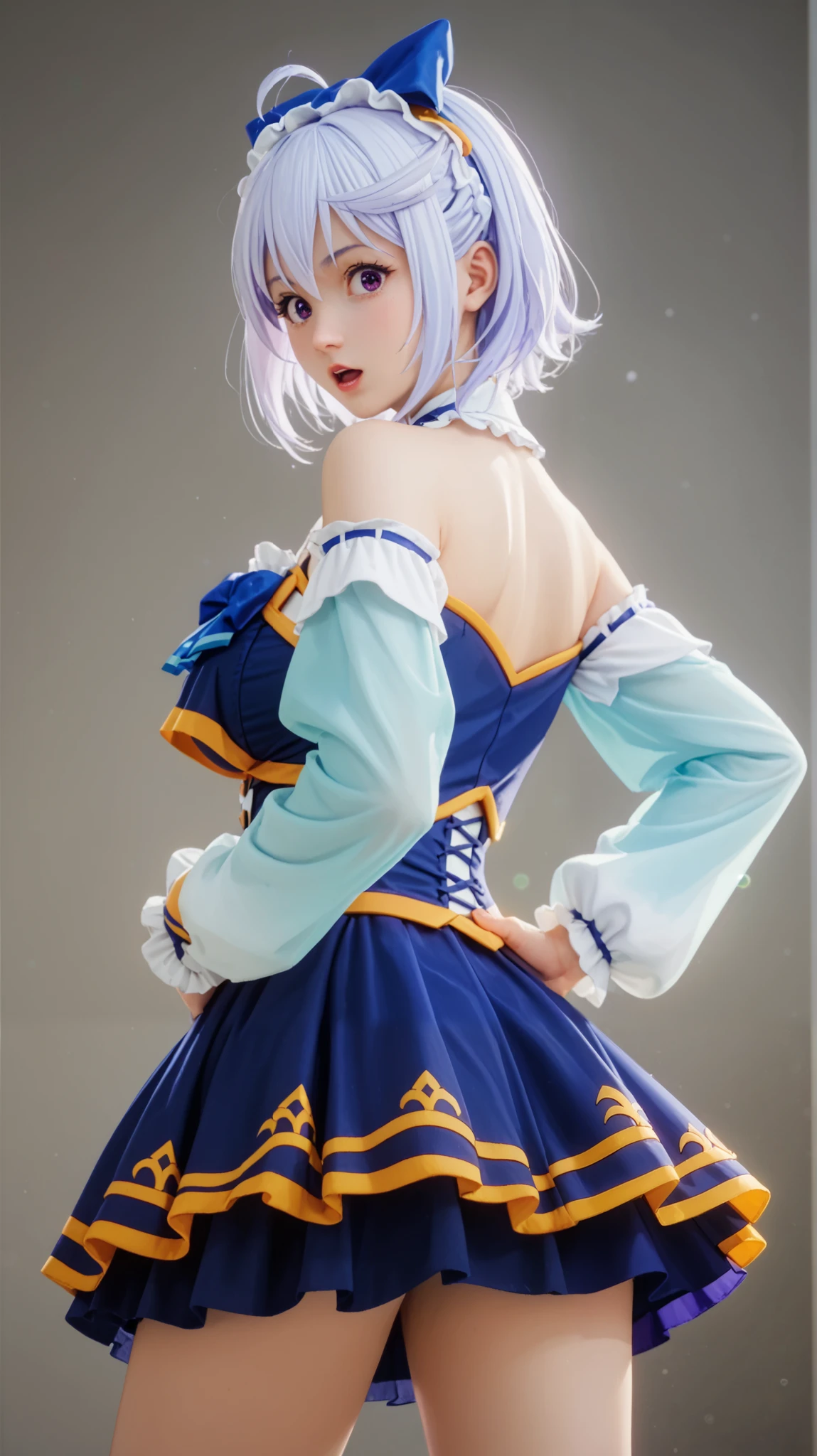 Score 9, Score 8, Score 7. Chris from KonoSuba, Konsubáeris, Eris, short white hair, vibrant purple eyes, signature scar. Aqua cosplay, a small blue dress, short skirt, with gold details, loose sleeves, a large blue bow on her chest, and a flared skirt with white and gold trim. Her hair remains short and white, designed to mimic Aqua's look. She strikes a dynamic pose, slightly turning her torso while looking behind her with a surprised and nervous expression. The camera angle is slightly low, emphasizing her posture. The background is either clean white or a soft fantasy glow. High quality anime style, cel-shading, soft vibrant lighting --ar 16:9 --v 6 --style raw --q 2 --stylize 250, Masterpiece, best quality, alone, looking at viewer, hands on hips, rings in hair, blue shirt, bow, loose sleeves, short skirt, miniskirt, thighs, bare shoulders, huge breasts.