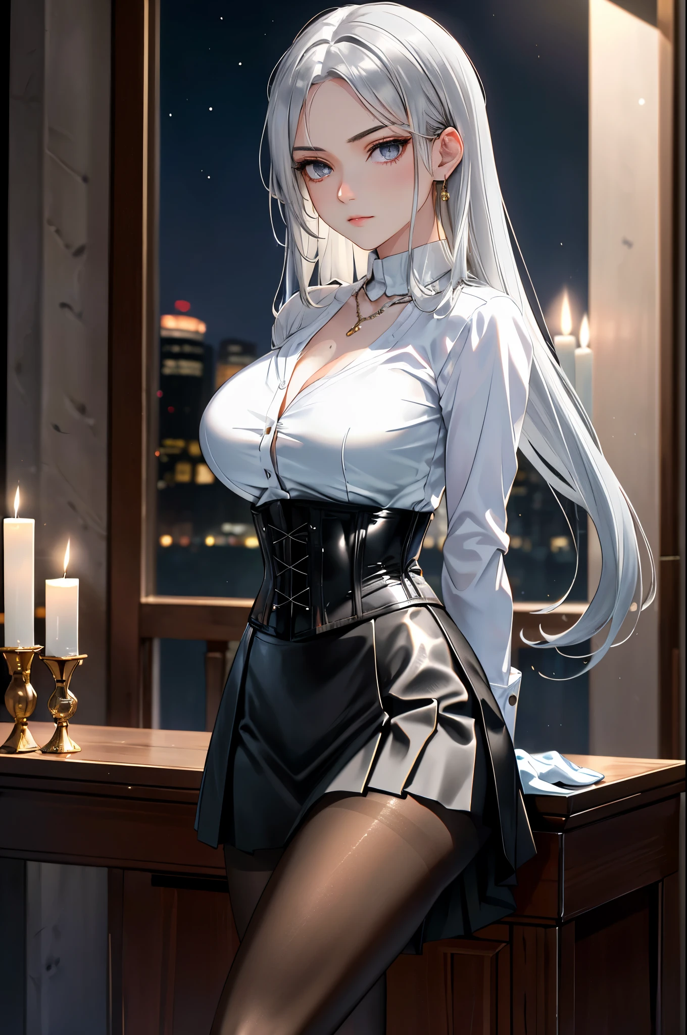 Woman wearing business outfit, formal blazer, white blouse, black high waist business skirt, black sheer pantyhose, beautiful, masterpiece, best quality, extremely detailed face, perfect lighting, nice hands, perfect hands, (white hair:1.2), long hair, (grey eyes:1.2), slender build, long legs, thin, medium breasts, business woman, ceo, sitting in luxurious black leather office chair, giant modern window with view of nighttime city skyline in background