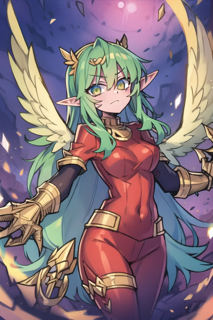 guardian dragon woman who controls and creates stars, clothes with a lot of fabric hanging with green eyes, red horns and his big red hair with moths in his hair full body and big wings of angels and stars