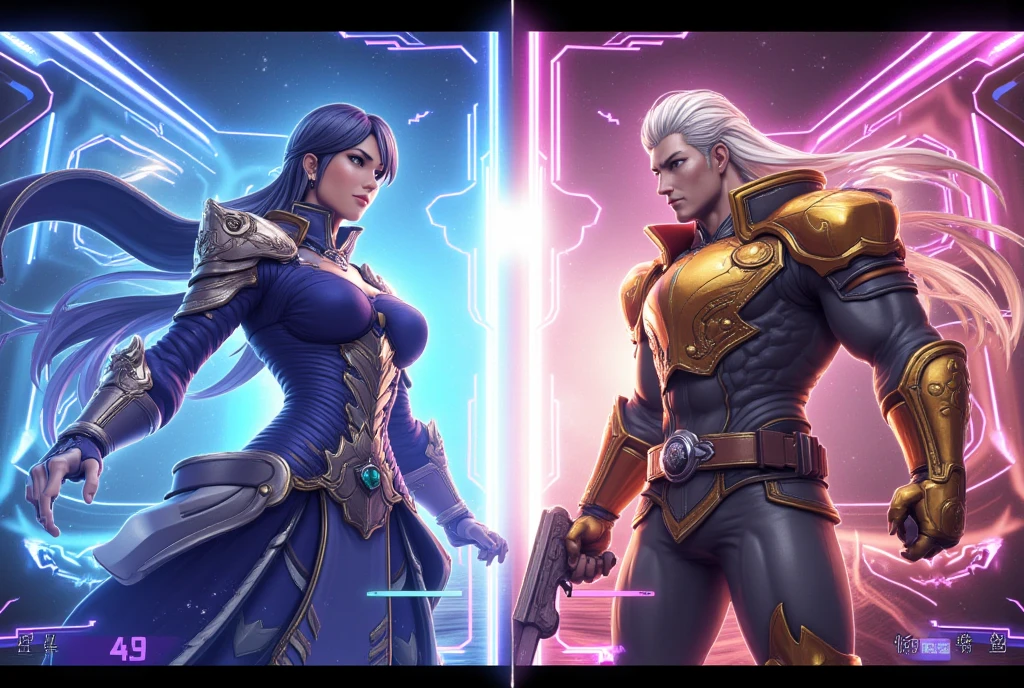 A 30-year-old dark-skinned man with messy BLUE HAIR, his right eye red and his left eye yellow, with destroyed armor with two giant swords, his arms open in front, releasing an epic attack with a trans woman with white hair with pink tips, with a black tattoo on her cheek, with white armor, with a magic spell in her hand. 