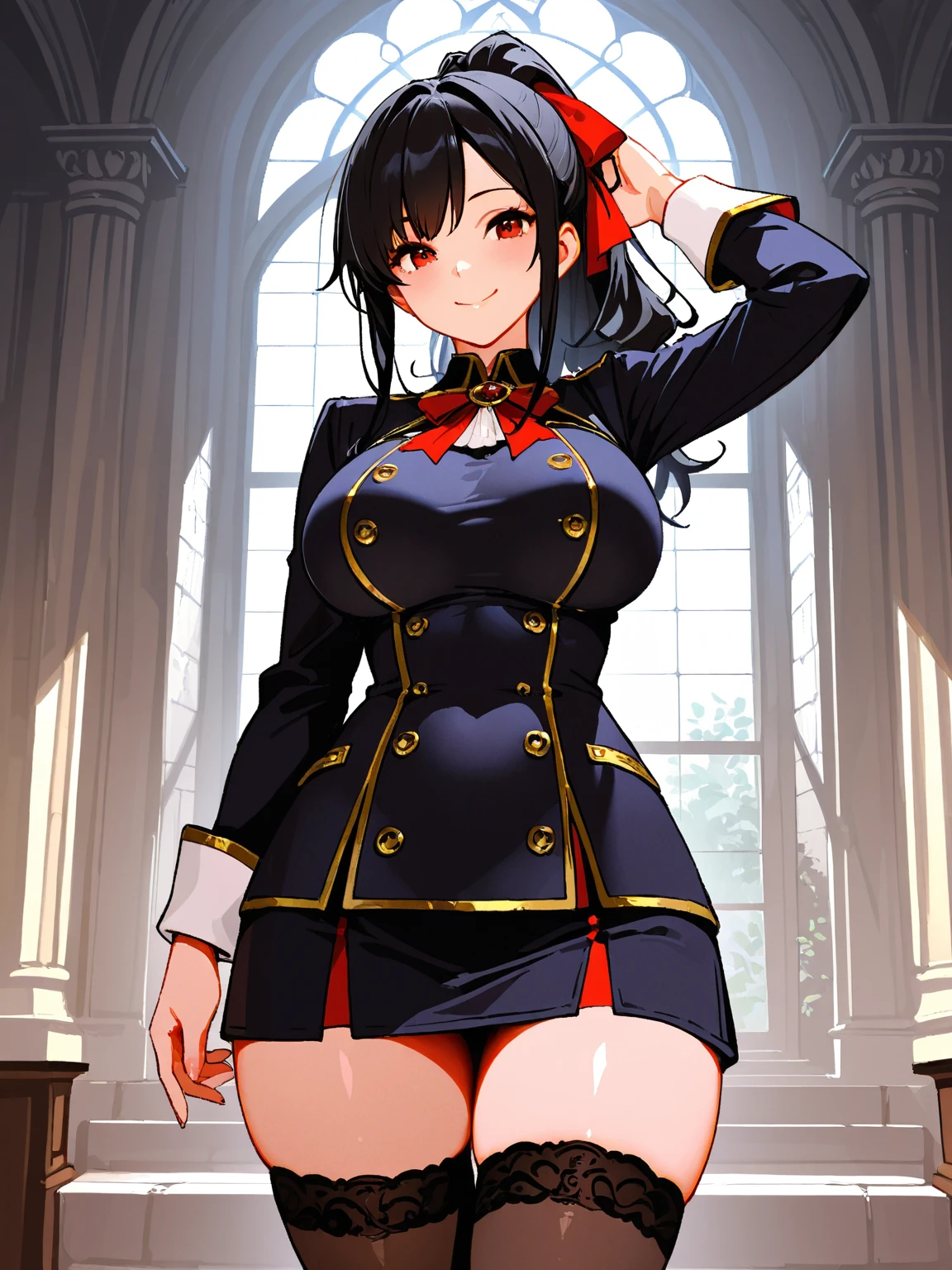 e7 Karin wearing her uniform, red eyes,  big boobs, black pantyhose, school skirt,
(masterpiece),  best quality, highres, 4k, 8k, Detailed Illustration, intricate detail, cinematic lighting, amazing quality, 1girl, fit female, amazing shading, soft lighting, facing camera, perfect eyes