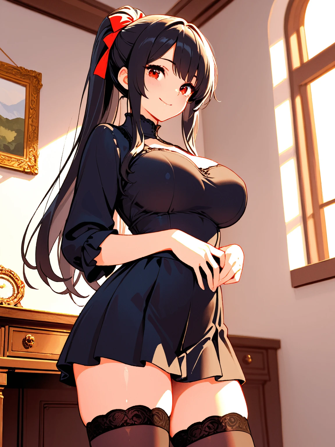 A woman with big ，Black long hair，twintails，Exquisite，Red ribbon，sleeveless，Loose collar，Light lace，Slim waist，blush，bedroom，A cute daughter，