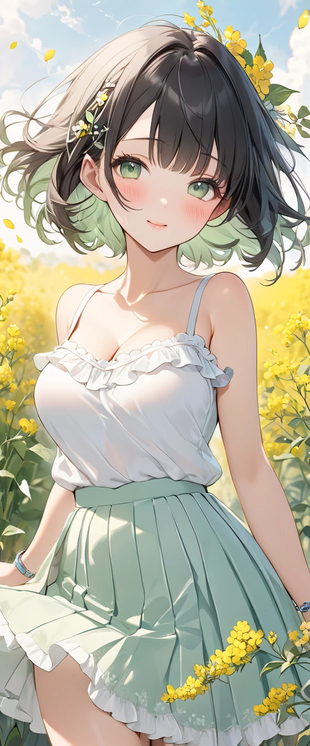 realistic, 1girl, Fubuki, green hair, green eyes, big round breasts, pure white skin, shining eyes, dark green crop top, dark green skirt, parted lips, rouge, night, flowers, sun, sunshine
