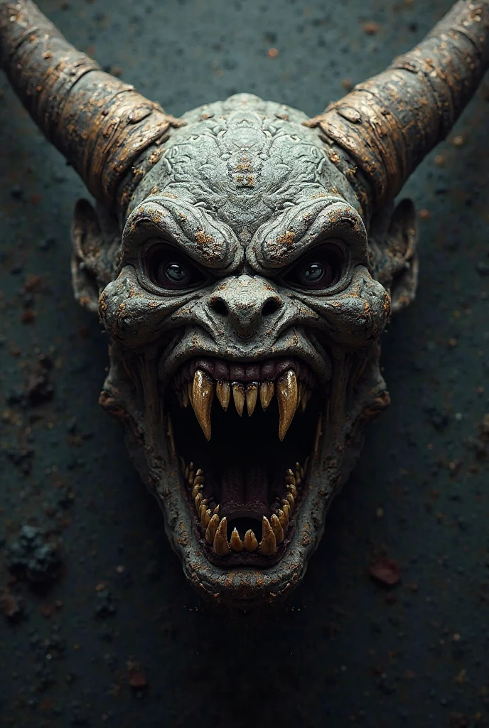 A creature with a broken single horn, a terrifying face, glowing eyes, a body with a burning effect, and a scary background. Realistic (Wide portrait, masterpiece, highest quality, UHD texture, High quality shadow, intricate details, beautifully detailed, vivid colors, cinematic light, soft glow, bokeh, sharp focus, perfect composition, best quality, 4k, highres, ultra-detailed, polished, complex, elegant, sharp focus, illuminated, professional, iconic, gorgeous, romantic)