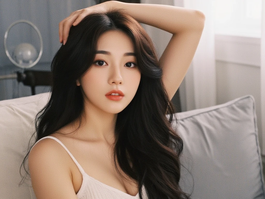 highest quality ,masterpiece,ultra high resolution, so beautiful, cute, (photo-realistic:1.4), 1 girl, Japanese, black hair、long curly hair、cinematic, 35mm lens, f/ 1. 8, accent lighting, 8K, Ample breasts,  V-neck, White pajamas,  Bedroom、dark room、lie down