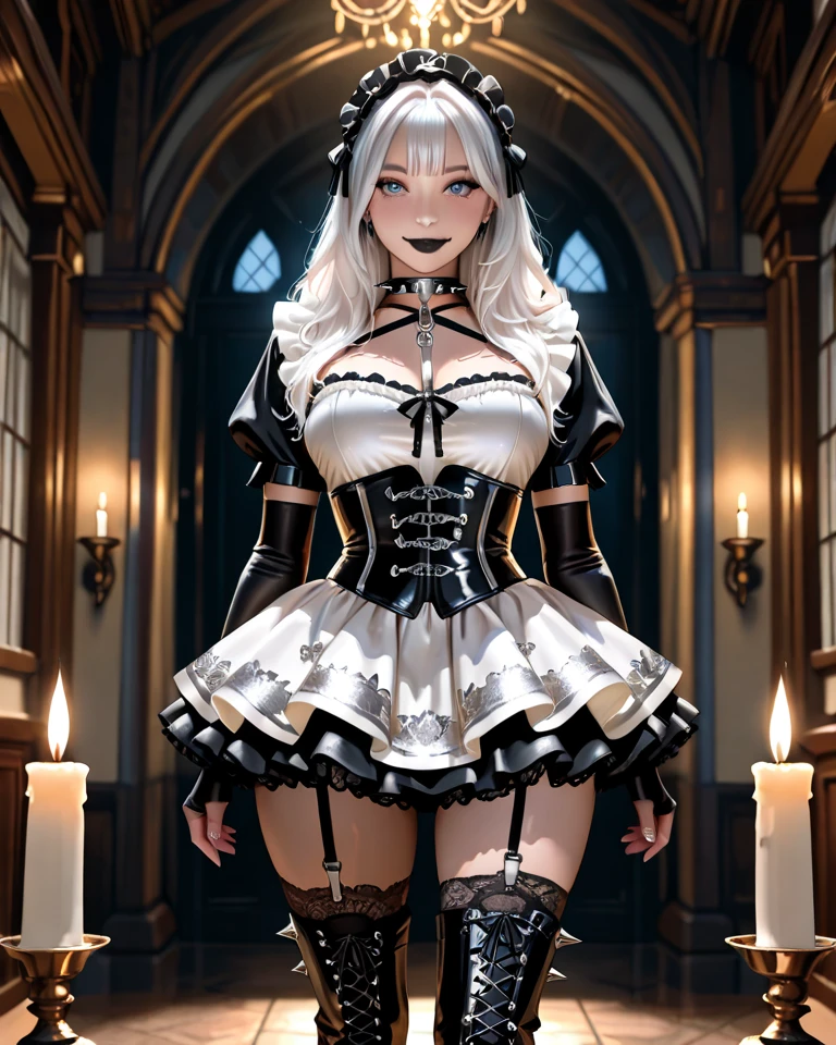 [black:aqua:0.65] theme, masterpiece, a girl's masterpiece, detailed visual art, blue eyes, silver hair, long hair, collarbone, queen, mature, elegant, gorgeous nun dress, corset piercing, detailed layered skirt, [detailed frills: 0.1], [frilled dress: 0.1], embroidery, [detail skirt: 0.1], off-the-shoulder, big breasts: 1.3, open crotch, thigh seam, garter belt, groin, high-heeled boots, [NSFW|uncensored], (simple background: 1.1), low-winged, full-body --auto