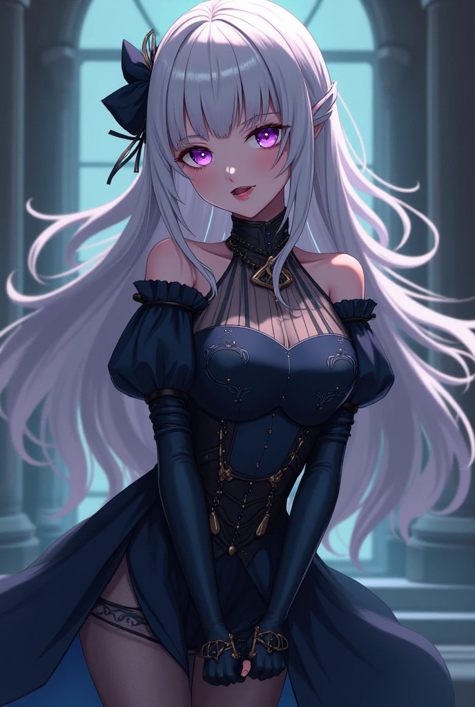A werewolf beast girl with waist-length silver hair and purple eyes.