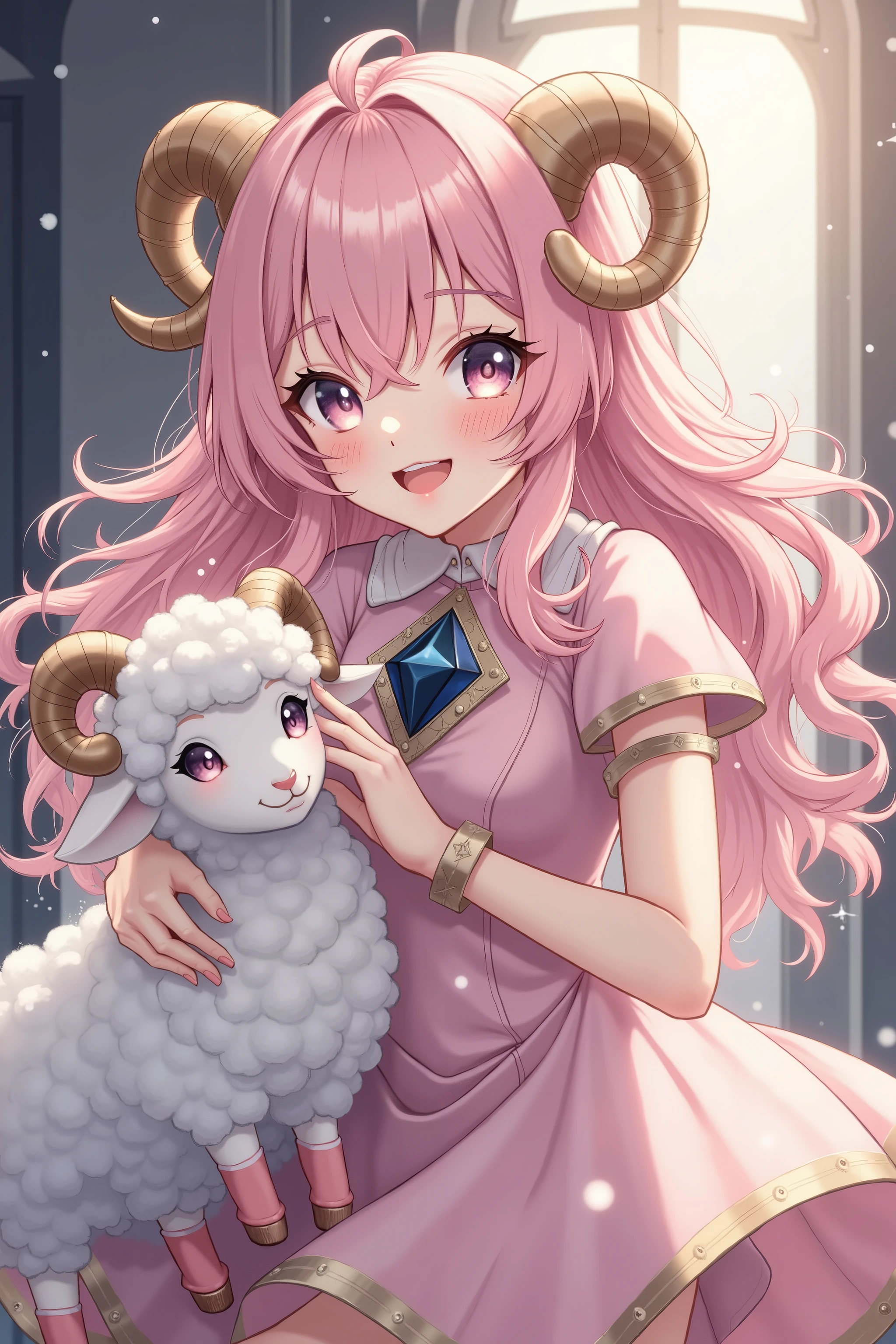 (masterpiece,best quality:1.2),solo,a elegant woman\(big eyes,sparkling eyes,details of eyes,thick eyebrows,long fluffy hair,soft pink hair,elegant hair,small sheep circle horns attached on her head,light brown sheep horns\),details of girly clothes\(fluffy soft pink dress,dark blue diamond accent,gold gold line pattern on bottom,short socks,and pink low heels\),BREAK,her happy fun expression,beautiful cut,reflection light of clothes,fantasy world,a cute sheep with her,background blur,[[hologram elements]]