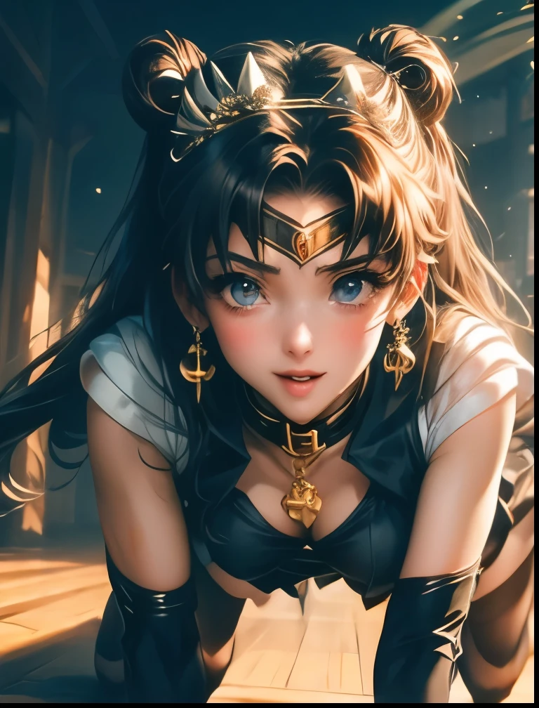 (((SFW、Highest quality、 first class masterpiece 、 normal body of a real person 、8k、 detailed faces 、super precise、 real color 、5refer to、Highest)))、Sailor Moon、sailorMoon、 Gold、twin tails、Magic Girl、pretty girl、 can be used、 Navel Exposure 、Big Breasts、Chest Valley、Black tiara on the forehead、Black ribbon on the chest 、slender、 slim、High Leg Black Slingshot、Panchira super miniskirt、Fall into Darkness、DarkSailor Moon、big heart tattoo on the navel、heart on chest dirty tattoo、big heart patch on the nipple、big heart tattoo on the body、dark light、evil magic particle、Hypnosis、Hypnotic、Eyes that shine in a heart pattern、hollow eyes、Iron collar with chain lead and slave spines、Two Hand Chain Handcuffs Bondage、Submissive Female Slave、Brain washing is complete、kind smile、embarrassed blush、ChainBondage、A lot of chains、Trembling violently and panting、Looks happy、open your mouth、stick out your tongue、 salivate、aheface、on all fours、masochist、Chain lead pulled、Walking with a collar