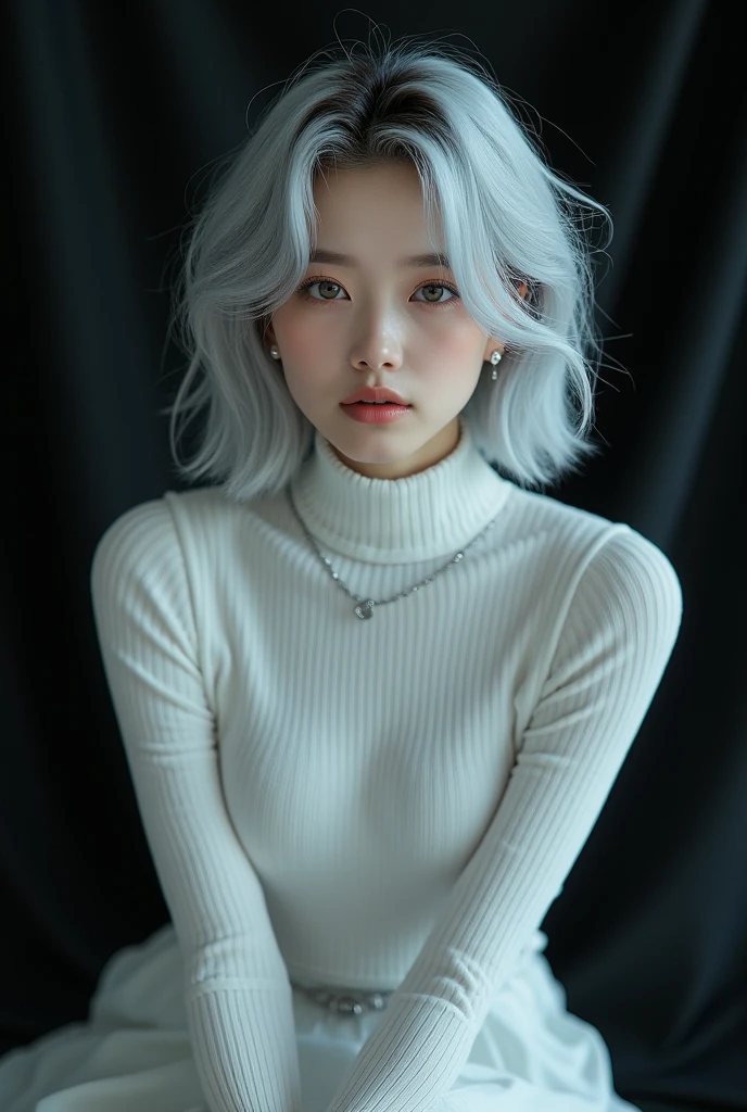 (Bright and very beautiful silver hair、silver hair in a bob cut:1.2),(Wear a knitted sweater:1.2),1 girl,Japanese,21 years old,(Small breasts:1.3),(Highest quality,masterpiece:1.3,Ultra-high resolution,),(Very detailedな,Caustics),(Realistic:1.4,RAW shooting,)Ultra-Realistic Capture,Very detailed,High resolution 16K human skin closeup。 Natural skin texture、,pores、、It must be detailed enough to be easily identifiable。 Skin tone is even and healthy looking。 Use natural light and colour, Sad expression, Looking into the camera, Perfect dynamic composition, Outdoor