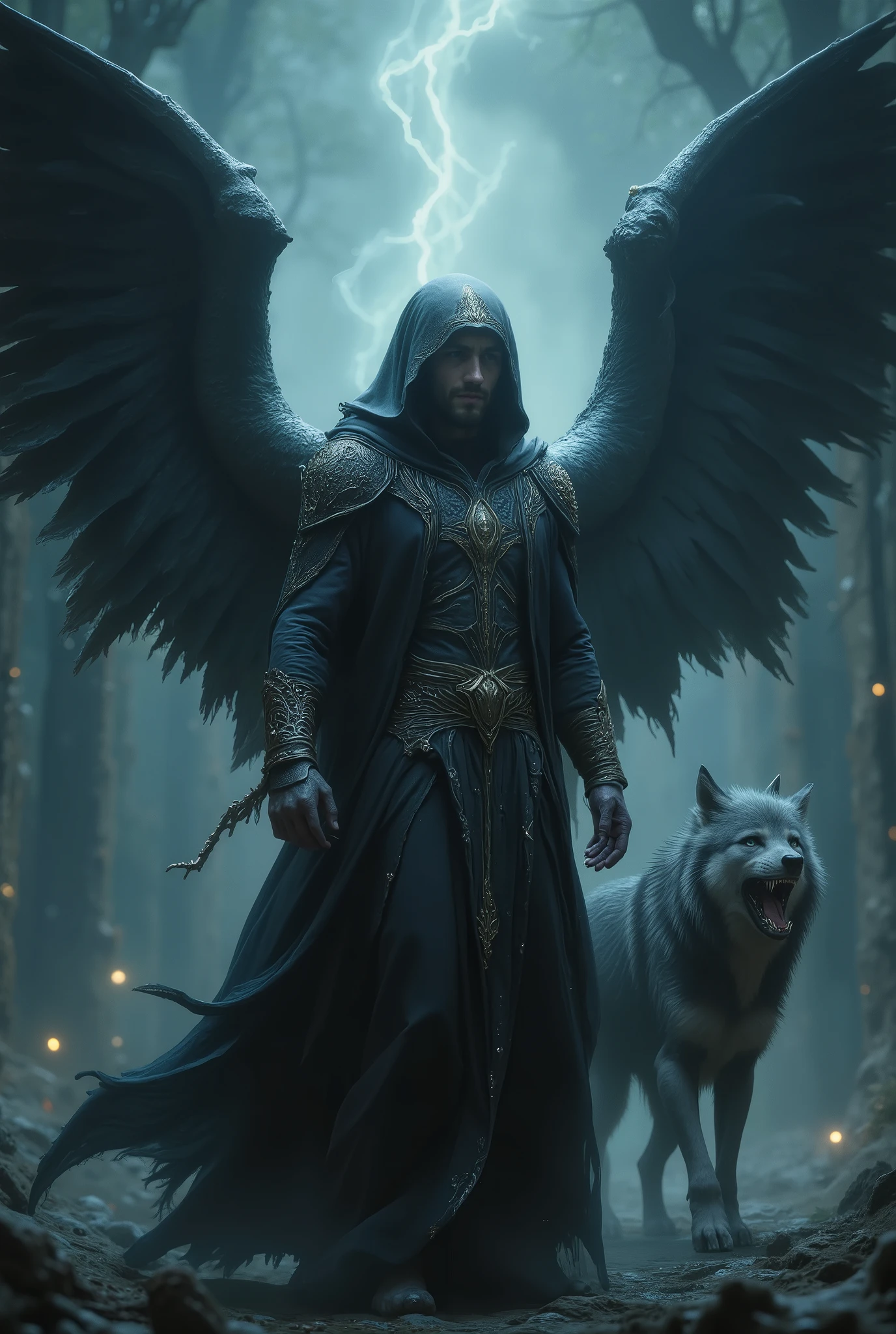 A mysterious man wearing a long black shirt that covers his head, his face not appearing clearly, with a big wings behind, accompanied by his savage wolf friend