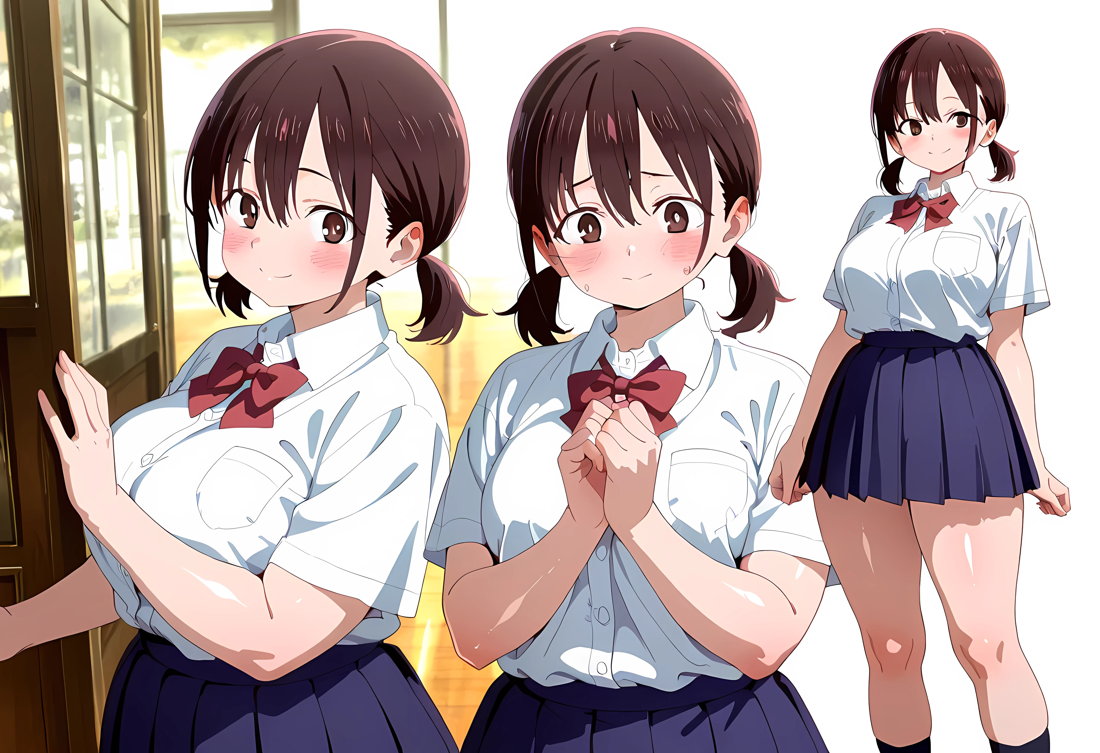 CINEMA Quality, hyper-detailed anime style, hyper-detailed lighting, best quality, very aesthetic, anime style, anime_coloring, anime_screencap, source_anime, anime style, dynamic pose, dynamic angle, make the facial expression more natural, adjust the body posture, 1girl, solo, Boku no Kokoro no Yabai Yatsu, honoka hara, short hair, brown hair, hair between eyes, brown eyes, low twintails, short twintails, plump, chubby body, thick arms, thick thighs, fat rolls, fat, fat rolls, (small belly), skirt, shirt, school uniform, white shirt, pleated skirt, collared shirt, sweatdrop, blue skirt, pocket, shirt tucked in, simple background, white background, reference sheet, model sheet,((4k,8k,Ultra HD)),((Masterpiece :1.2)),((Best quality :1.2)),((Detailed :1.5)),((Detailed background :1.5)), (8K),(absurdres),(crisp quality),(rich contrast),(sharp focus),(best quality),(high resolution),(Looking delighted),(masterpiece),(detailed face),(illustration),(ultra detailed),(rich contrast),(a best quality illustration),(a masterpiece of a woman with ultra detailed features, in 8K resolution, with crisp quality and vibrant colors),(detailed eyes),(perfect eyes),(ultra detailed eyes),((nice hands)),((perfect hands)),((gleaming skin)),((shiny skin)),((best quality)),((high resolution)),((ultra-high resolution)),((masterpiece)),((ultra detailed)),((illustration)),((an extremely delicate and beautiful))((detailed face)),((perfect eyes)),
