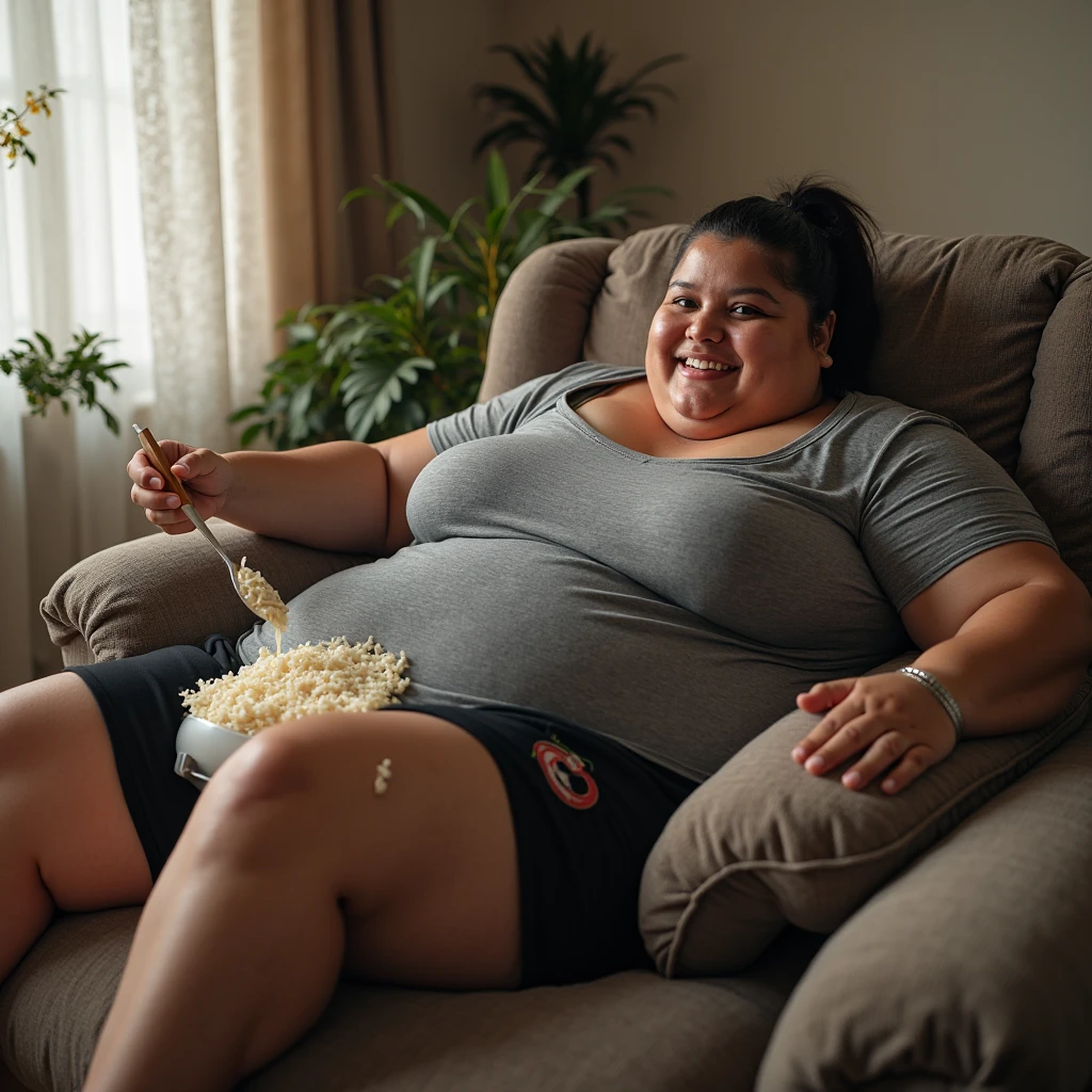 35 year old woman, tight pants and thong, fitted shirt, fat and meaty ass, fleshy legs with cellulite, very narrow waist, smiling, scared, lying face down on the sofa.
