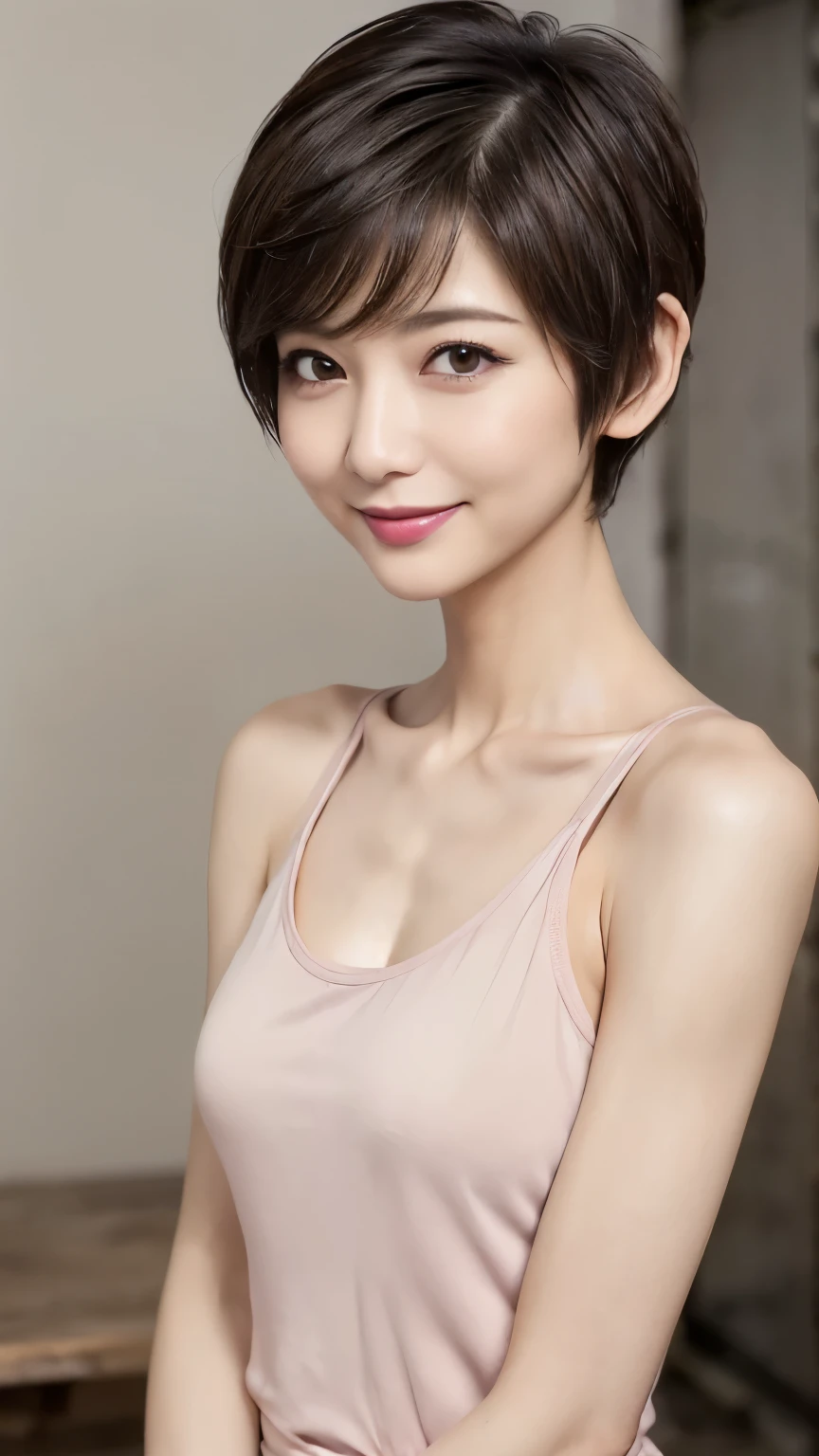 very detailed, masterpiece , top quality , (( photorealistic facing y:1.4)), ((skinny body:1.5、 long face:1.2))、(((simple pink tank top、skinny fit)))、(Super slim body)、55 year old japanese elderly woman , detailed faces , Detailed Eyes 、((makeup、lipstick)) 、((My breasts are sagging、Chest Valley))、((( light beige hair、pixie cut、Cecil Cut、 asymmetry、Messy Hair:1.2、super short hair:1.3、Volume Hair))), graceful and sophisticated 、goddess、((from waist to head with camera))、((and look at the camera、fresh smile))、((Professional Cool Lighting))、((Dark underground storehouse))、from the side