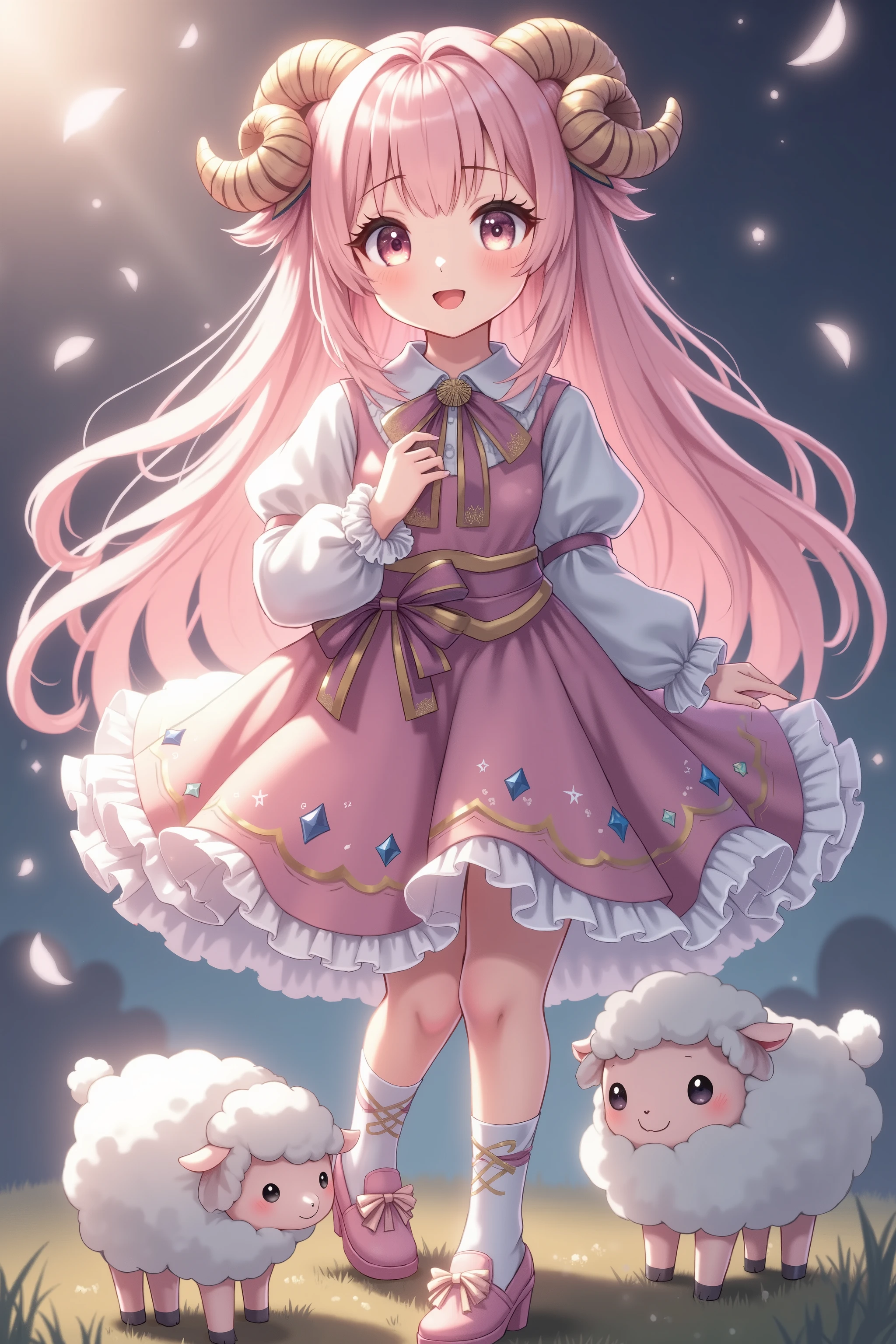 (masterpiece,best quality:1.2),solo,a elegant woman\(big eyes,sparkling eyes,details of eyes,thick eyebrows,long fluffy hair,soft pink hair,elegant hair,small sheep circle horns attached on her head,light brown sheep horns\),details of girly clothes\(fluffy soft pink dress,dark blue diamond accent,gold gold line pattern on bottom,short socks,and pink low heels\),BREAK,her happy fun expression,beautiful cut,reflection light of clothes,fantasy world,BREAK,a cute sheep with her,background blur,[[hologram elements]]