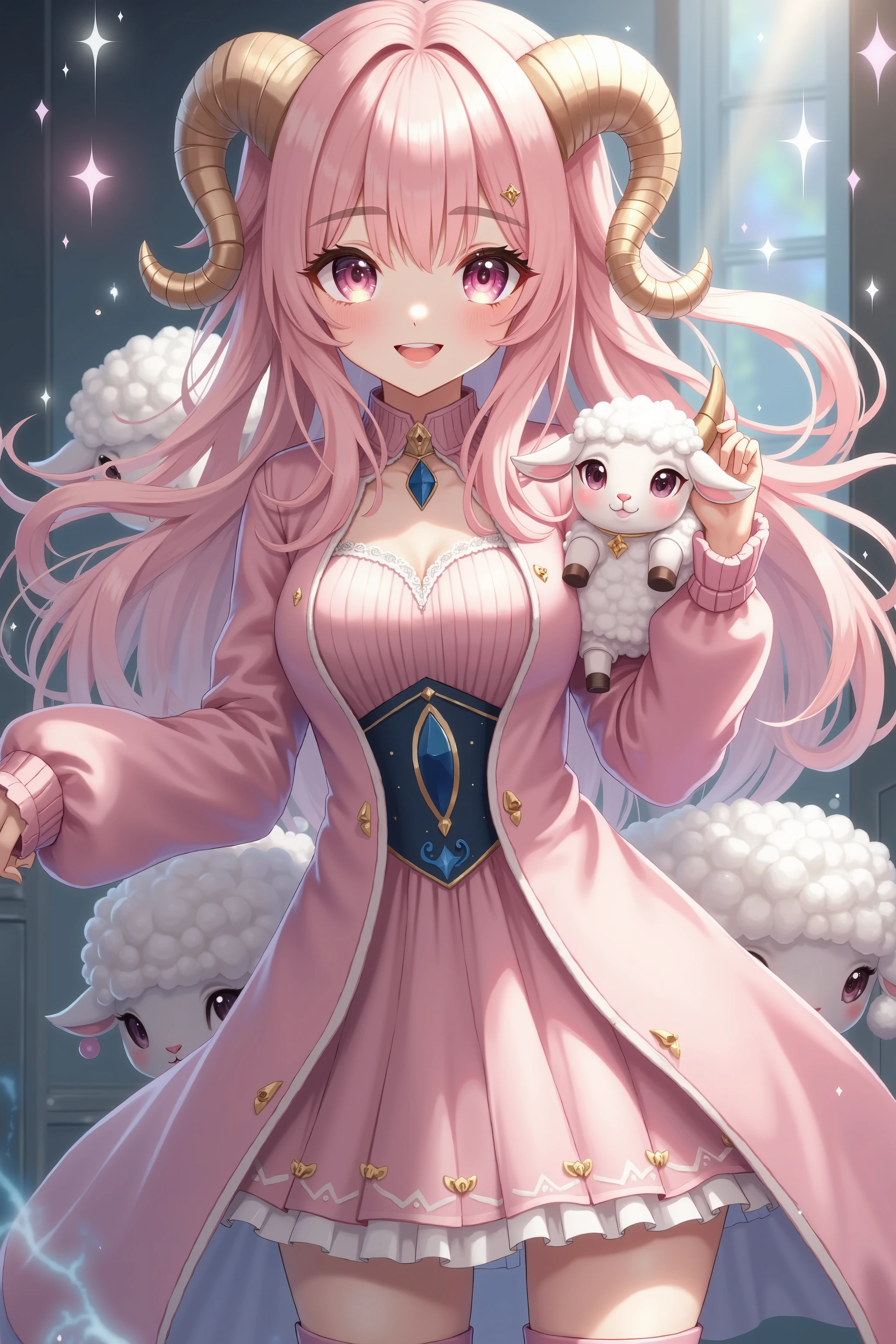 (masterpiece,best quality:1.2),solo,a elegant woman\(big eyes,sparkling eyes,details of eyes,thick eyebrows,long fluffy hair,soft pink hair,elegant hair,small sheep circle horns attached on her head,light brown sheep horns\),details of girly clothes\(fluffy soft pink dress,dark blue diamond accent,gold gold line pattern on bottom,short socks,and pink low heels\),BREAK,her happy fun expression,beautiful cut,reflection light of clothes,fantasy world,a cute sheep with her,background blur,[[hologram elements]]