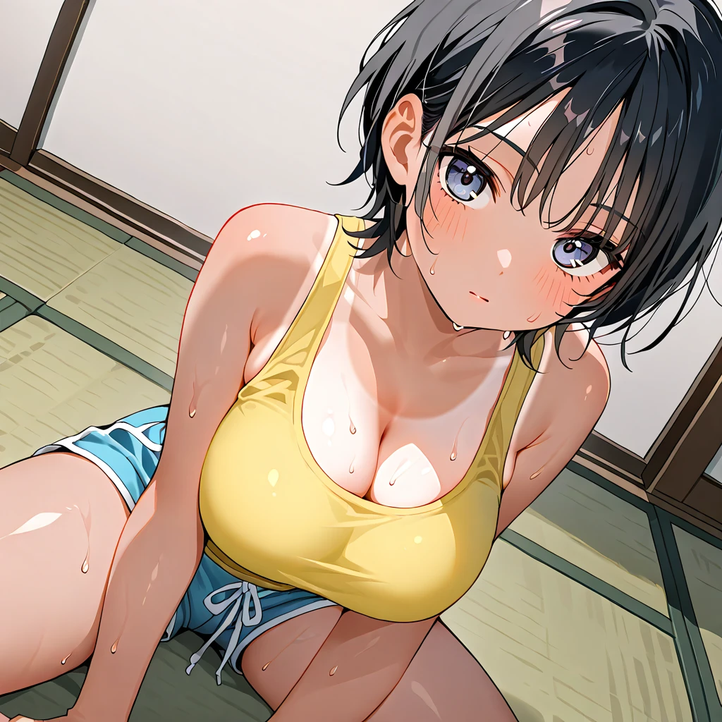 Huge , Kirigaya Naoha(Sword Art Online), One Girl, Bob Hair, Hair Clip, masterpiece、Highest quality、Wet school swimsuit、Swollen nipples