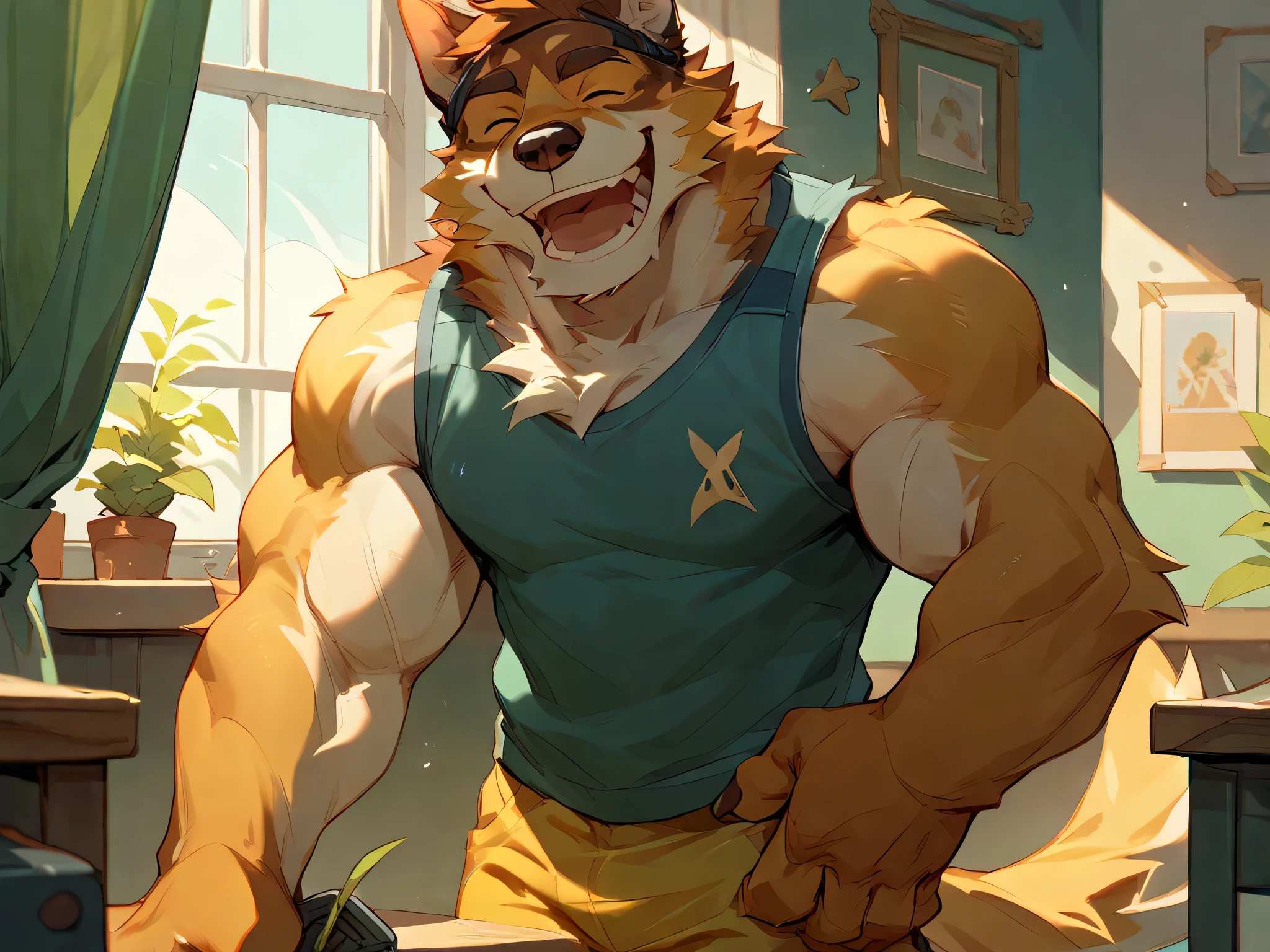 solo, male focus, lloydip, lion, blue eyes, blue nose, blue tongue, mane, vest, shirt, bow, sitting on chair, looking at viewer, smile, open mouth, teeth, detailed bar background, sunlight, masterpiece, intricate, ((detailed face, detailed eyes)), by redrusker, erection, thick cock, 4k, hi res, best quality, masculine, muscle