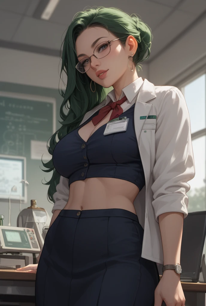1girl, pneuma (xenoblade), breasts, solo, chest jewel, pantyhose, skirt, glasses, long hair, swept bangs, yellow eyes, cleavage, large breasts, alternate costume, very long hair, jewelry, ponytail, bangs, holding, shirt, pencil skirt, mythra (xenoblade), earrings, book, jacket, skirt suit, green hair, office lady, holding book, looking at viewer, black skirt, long sleeves, white shirt, tiara, collared shirt, indoors, navel, black jacket, formal, clothing cutout, suit, teacher, center opening, partially unbuttoned, blush, black pantyhose, bespectacled, semi-rimless eyewear, cowboy shot<lora:pneumaNEW30_1.0_ALL0.5:1>