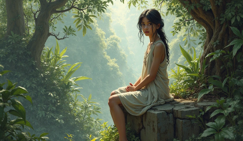 “Develop a portrait of a young woman in her early 20s, donning traditional Southeast Asian attire, set in a tranquil natural landscape. Her calm and serene expression suggests a deep connection with nature, contrasting with the complexity of her clothing.”