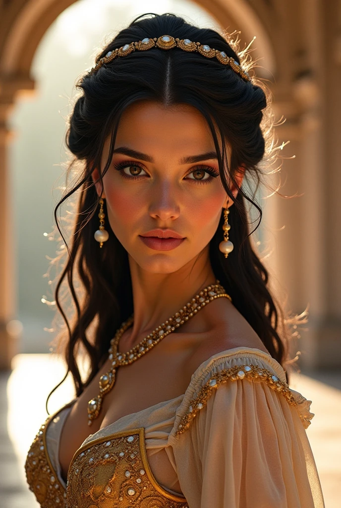 Create a realistic image of a model taken up close. The model must have beautiful and intriguing eyes, with a look that transmits depth and mystery. The composition must be complex, with an atmosphere rich in details. Lighting should be soft and enveloping, highlighting the contours of the face and creating a play of lights and shadows that add drama to the scene. The wardrobe should be elegant and sophisticated, with textures and colors that complement the natural beauty of the model. The scene should include background elements that provide context and depth, like a room decorated with modern art, exotic plants and a window that lets in the evening light. The image must capture the essence of fashion and art, with a focus on the beauty and intrigue of the model's eyes.