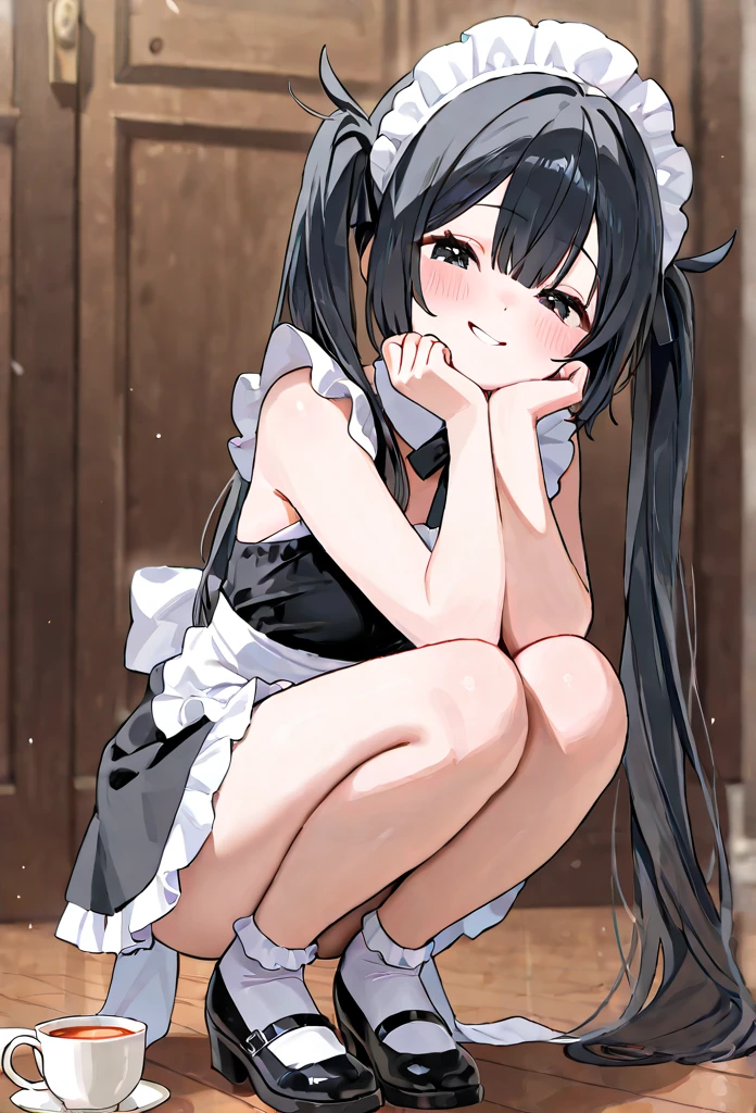 , anime girl, , long haired, twintail hair, black hair, hart shaped pupil, wearing sexy maid dress, standing, up skirt, from below, smug, smirk, show off pussy, spread pussy,