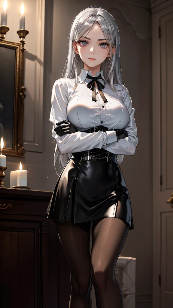 Beautiful 21 year old white-haired black girl, big ass, sexy_tits, elf ears, horns, dark skin, ebony skin,((long black leather pleated skirt, black leather long-sleeve, white formal shirt buttoned up with neck tie)), (translucent nylon stockings), ((muscular physique)), ((strong muscular legs, beautiful pure white eyes, lighting, standing pose in a mma octagon, th1t, thigh high stockings, cyber punk mask