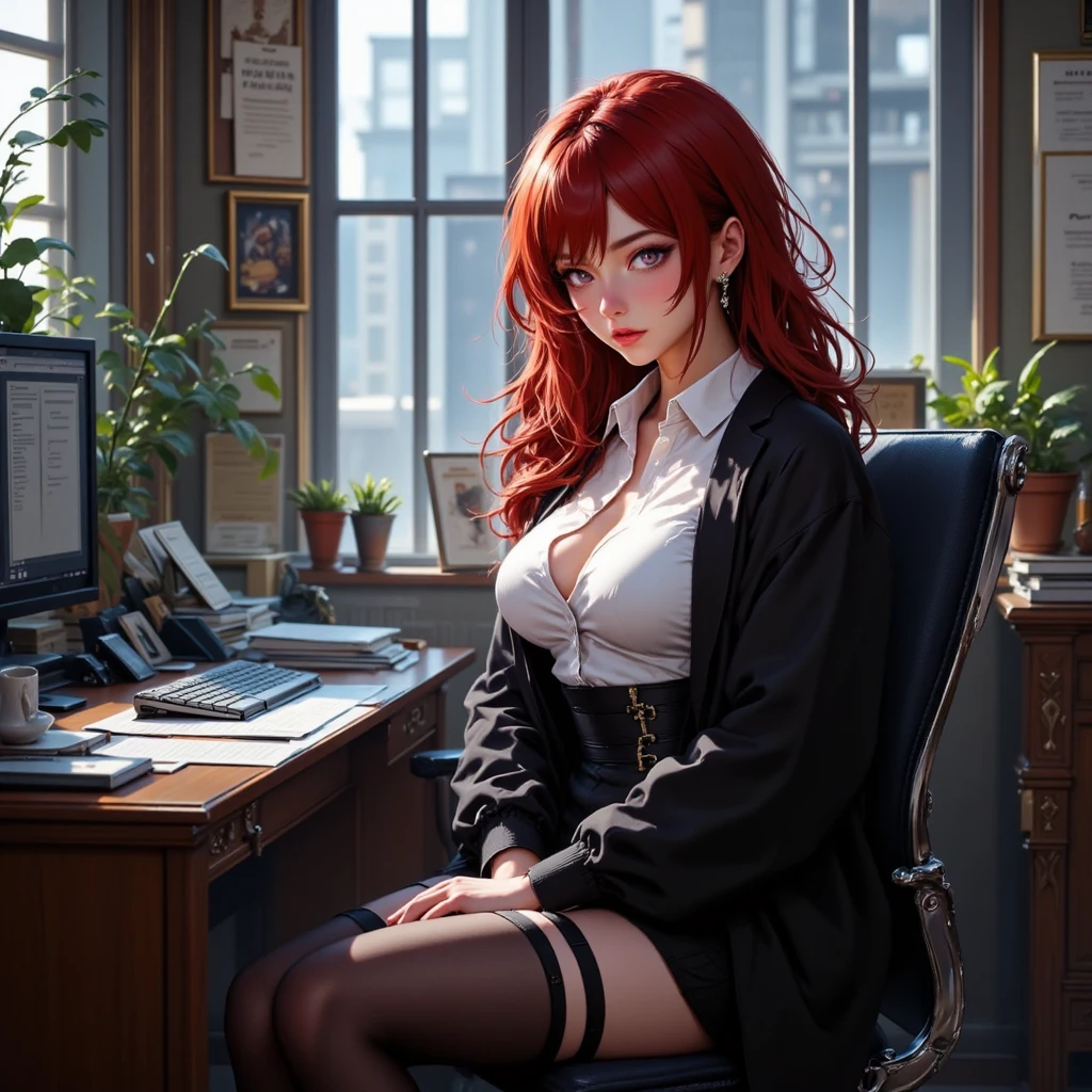 a cat-eared woman dressed as a secretary in a tight-fitting fantasy dress beautiful with long red hair, blue eyes listening to music