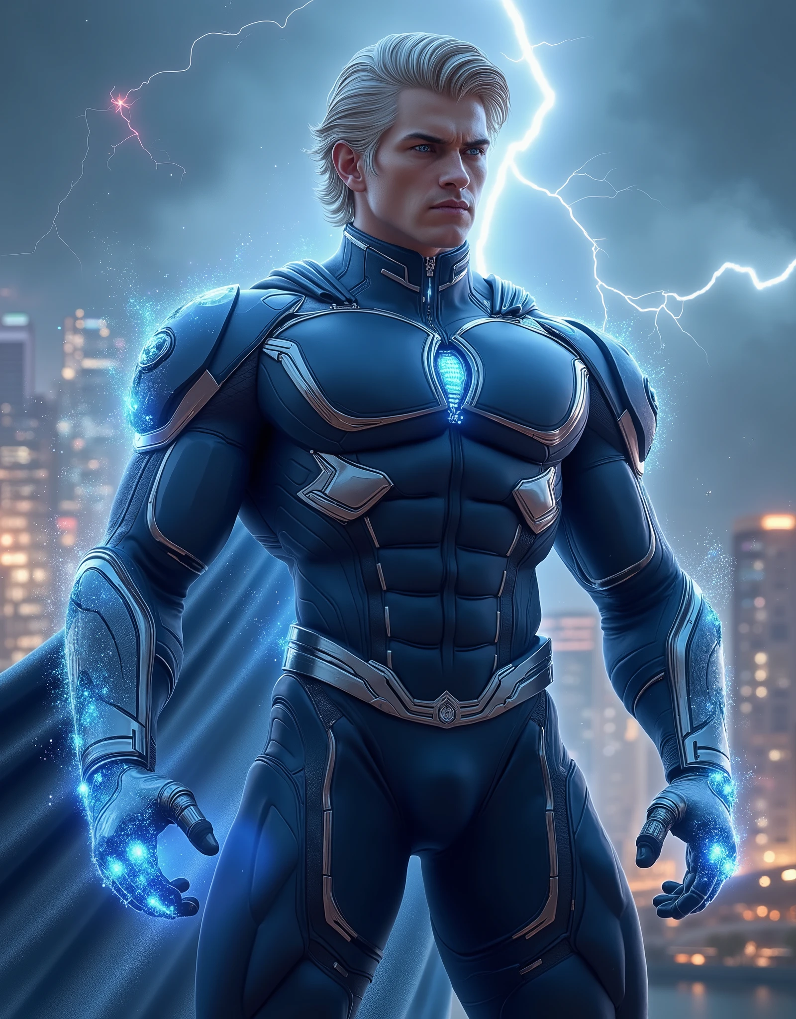 Ultra-photorealistic cinematic concept of Aetherion, a tall, muscular British-Singaporean male with sharp angular features, piercing blue eyes, and wavy platinum-blond hair. He wears a sleek, futuristic navy-blue bodysuit with silver aerodynamic accents, a flowing high-tech cape that shifts with the wind, and glowing silver gauntlets infused with aerokinetic energy. His arms are extended, summoning torrential wind vortexes swirling around him, his intense gaze reflecting mastery over the skies. His boots are reinforced with anti-gravity technology, allowing him to hover effortlessly.
The background features a stunning, illuminated Singapore skyline at dusk, with the Marina Bay Sands and Supertree Grove partially obscured by storm clouds swirling under his control. Lightning crackles in the distance, illuminating his imposing, heroic figure. Aetherion's stance is dynamic, one hand raised in a forceful wind-casting motion, while the other is open, guiding the air like a sculptor shaping his masterpiece. His wind-forged wings extend subtly, hinting at his ability to manipulate atmospheric pressure for controlled flight.
Shot with a Canon EOS R5, 85mm f/1.2 lens, cinematic framing, subtle backlight highlights his physique, creating a dramatic contrast between the illuminated skyline and stormy clouds. Rendered with Unreal Engine 5 & Octane Render, ensuring hyper-detailed textures, realistic lighting, and dynamic particle effects for the swirling winds. High-definition 8K, ultra-photorealistic, highly detailed professional concept, IMAX-grade composition.