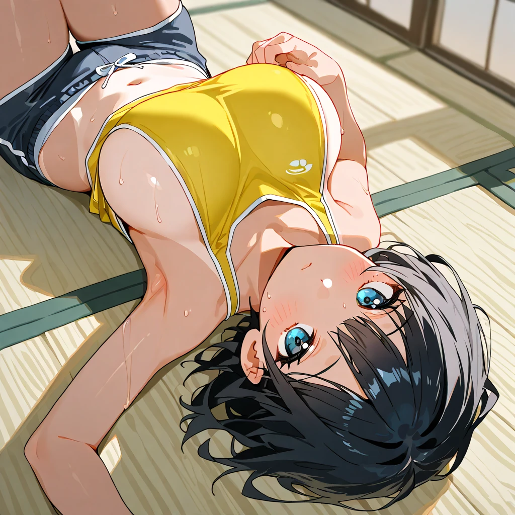 1girl,solo,yuuki mikan,, ,brown hair,, ,1girl,,,small breasts,,classroom,,looking viewer,grin,panties,ass,from back
