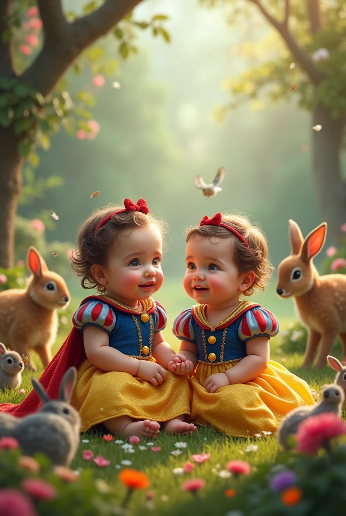 Scene: Snow White, a young seven-year-old girl, is playing in a flower garden. She is wearing a simple dress, but it doesn't hide her natural beauty. Her black hair falls in curls over her shoulders and her brown eyes shine with joy.
Details:
Snow White:
Young and beautiful, seven years old.
Skin as white as snow, hair as black as ebony, and lips as red as blood.
Joyful and innocent expression, with a radiant smile on her face.
Dressed in a simple dress, but one that highlights her natural beauty.
Playing in the middle of a flower garden, surrounded by colorful flowers and butterflies.
Scenario:
Flower garden, with a variety of colorful flowers and butterflies flying around.
Tall trees provide shade from the sun, while rays of golden light penetrate between the leaves.
A crystal clear stream runs through the garden, creating a peaceful and relaxing environment.
In the background, you can see the queen's castle, with its tall and imposing towers.
Text:
The quote "Snow White was growing up and every day she became more and more beautiful. When she reached the age of seven, she became as beautiful as the bright day and more beautiful than the queen herself." is written in the air, next to Snow White, as if it were a narrator telling the story.
The words must be written in a delicate and elegant handwriting, with soft and harmonious colors.
Emotion:
Innocence, joy, beauty, purity, happiness.
Style:
Realistic, with attention to detail and texture.
Natural and soft lighting, creating an atmosphere of peace and tranquility.
Vibrant colors, but with predominant pastel tones, to convey Snow White's innocence and purity.