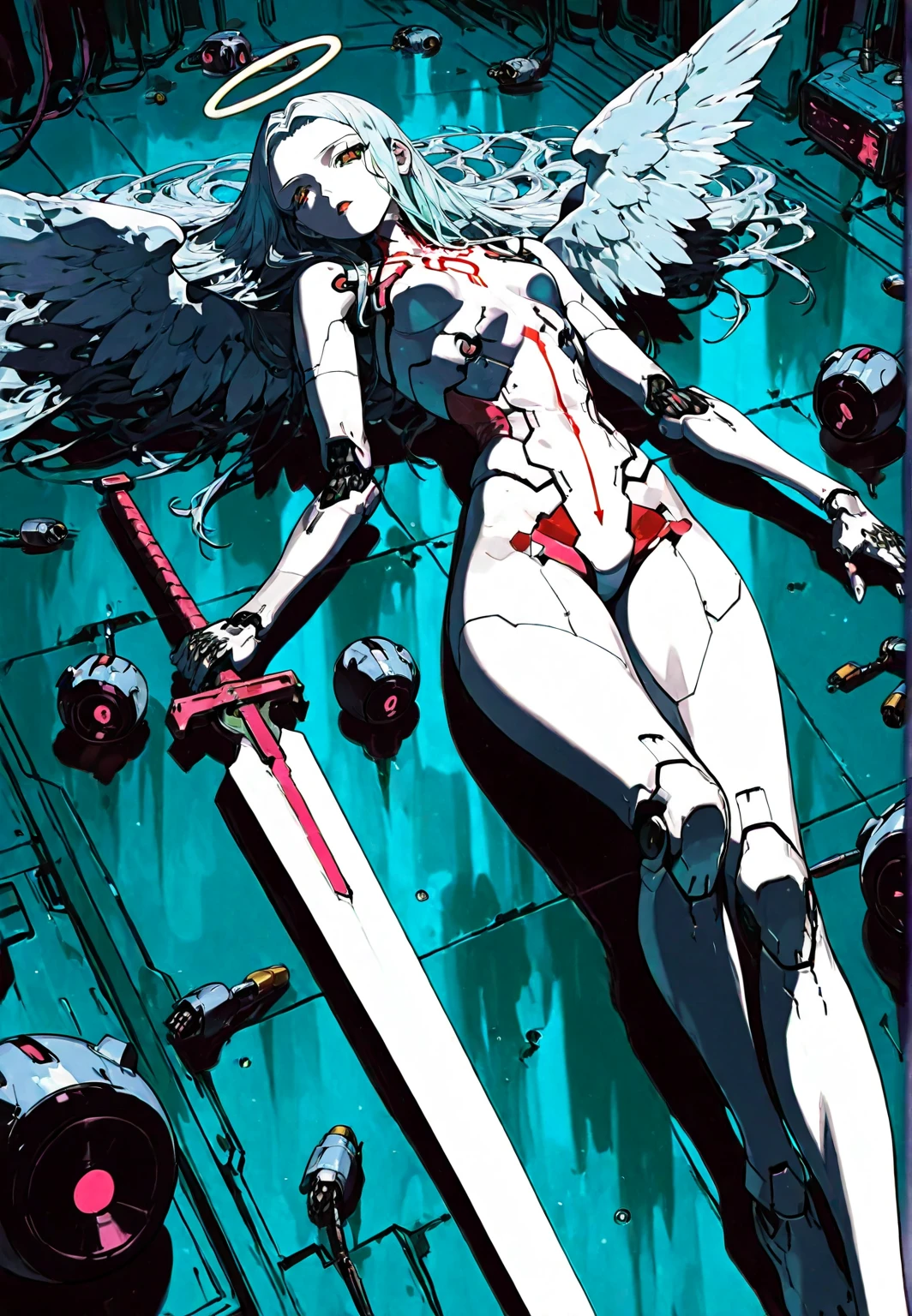 urushihara satoshi, 1990s \(style\), 1girl, (broken armor, , torn clothes:1.2), broken sword, kneeling, from above, looking at viewer, medium hair, messy hair, white hair, dirty, aqua eyes, breasts, nipples, outdoors, (annoyed, disgusted), [battlefield|forest], <lora:estheticUrushihara_uruv1:0.6>