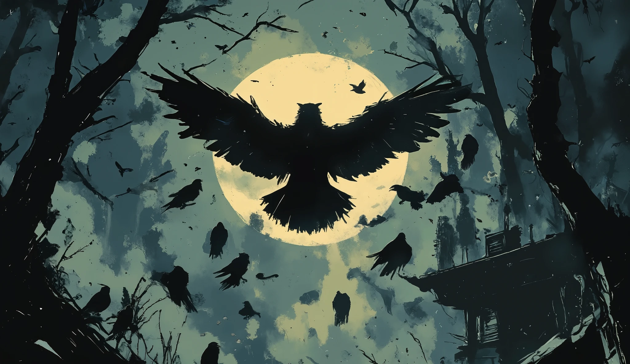 A flock of dark, menacing crows flying through a foggy, moonlit night. Their wings spread wide, some mid-flight, others perched on twisted, leafless branches. The background is a dark and eerie forest, shrouded in mist, with the full moon casting a ghostly glow through the fog. The scene is dramatic, with a cold, desaturated color palette—shades of deep blue, gray, and black dominate the composition. The crows’ feathers are highly detailed, showing subtle textures and reflections from the moonlight. Some crows are in sharp focus, while others blur slightly in motion, creating depth. The atmosphere is dark fantasy, cinematic lighting, ultra-detailed, high-resolution, eerie and mysterious