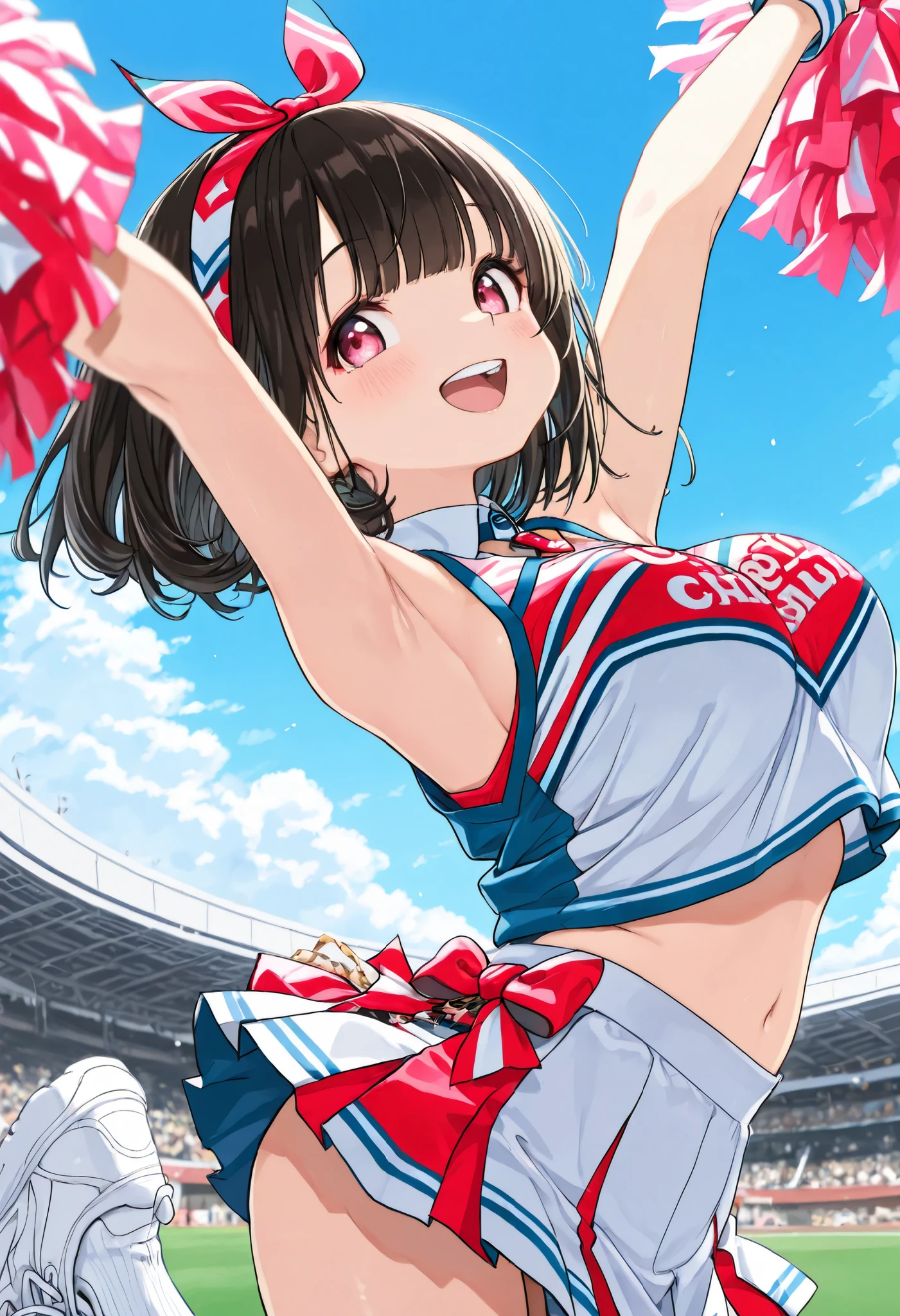 (extremely detailed fine touch:1.3), (((semi-rimless eyewear:1.3))), (wear headphones around:1.2), short hair, blunt bangs, 1girl, solo, 2.5d face, grin, cheerleader, holding pom poms, medium breasts, clavicle, cleavage, midriff, Executing a high kick, extremely detailed stadium,