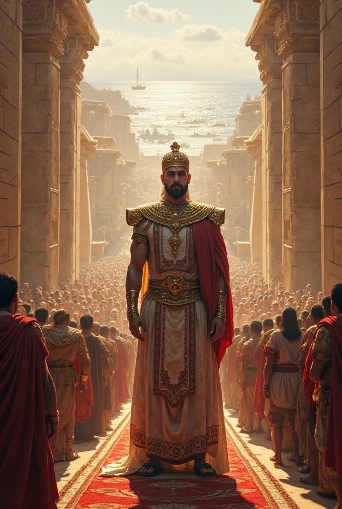 The king’s grand entrance
King Parakramabahu makes a majestic entrance into a grand hall. Dressed in elaborate royal attire with a gleaming crown, he is surrounded by courtiers and advisors. The background features opulent decorations, highlighting the splendor of his court.