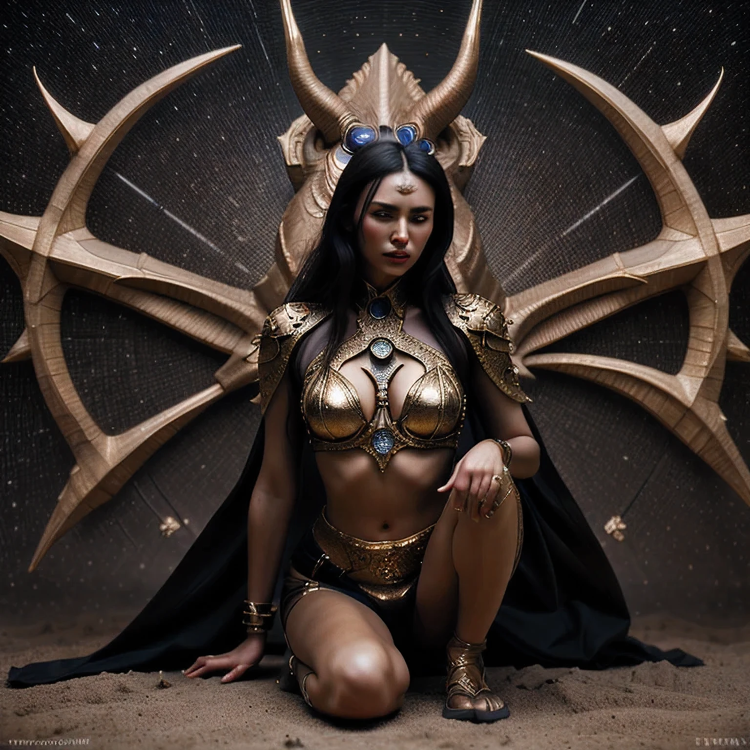 Full body wide shot, Succubus wearing heavy golden armor, jet black skin, large dragon wings, very ornate and intricate, holding a sword raised above her head in one hand, very long red hair, flames at her feet, extremely muscular physique, intense stare, steam rising off her body, epic and apocalyptic
