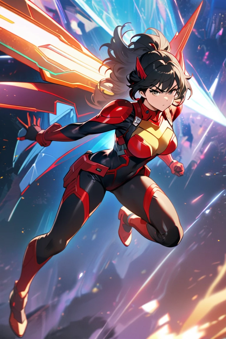 anime girl in a red and black suit standing in space with legs together, extremely detailed artgerm, style artgerm, style ivan talavera and artgerm, krenz cushart and artgerm, range murata and artgerm, artgerm style, in the style artgerm, ig model | artgerm, artgerm detailed, black hair, long hair, medium hair, blue eyes, (leotard), bare legs, matching boots and gloves, superhero, bracelets, solo, solo focus, (silver (v) (symbol) on chest, energy pulse, yellow aura in her body, power surge, angry, open mouth, diffraction spikes, light particles.