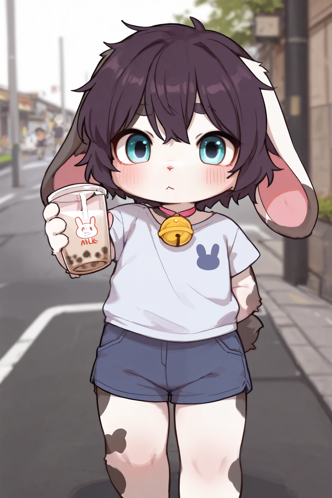 Ram rabbit,Droopy ears,furry girl, Toddler,dark hair,bell,Short sleeve, shorts,street,milk tea
