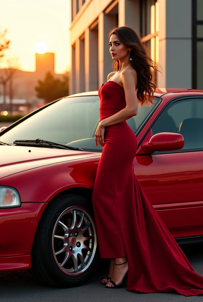  A woman in a vibrant red dress stands elegantly next to a black classic car, the shine of the car&#39;s paint reflects the golden rays of the sunset. The 8K image captures every detail of the fabric and the texture of the body, creating a composition that exudes power and style.