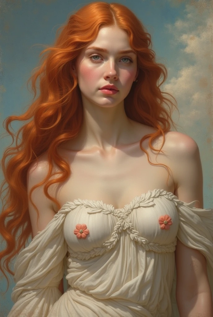 detailed oil painting of a goddess of fortune nude upper body, readhead, in a medieval fantasy world, intricate details, beautiful face, long flowing hair, delicate skin, elegant pose, fantasy architecture, glowing light, warm colors, cinematic lighting, dramatic shadows, highly detailed, masterpiece, 8k, photorealistic, hyper detailed